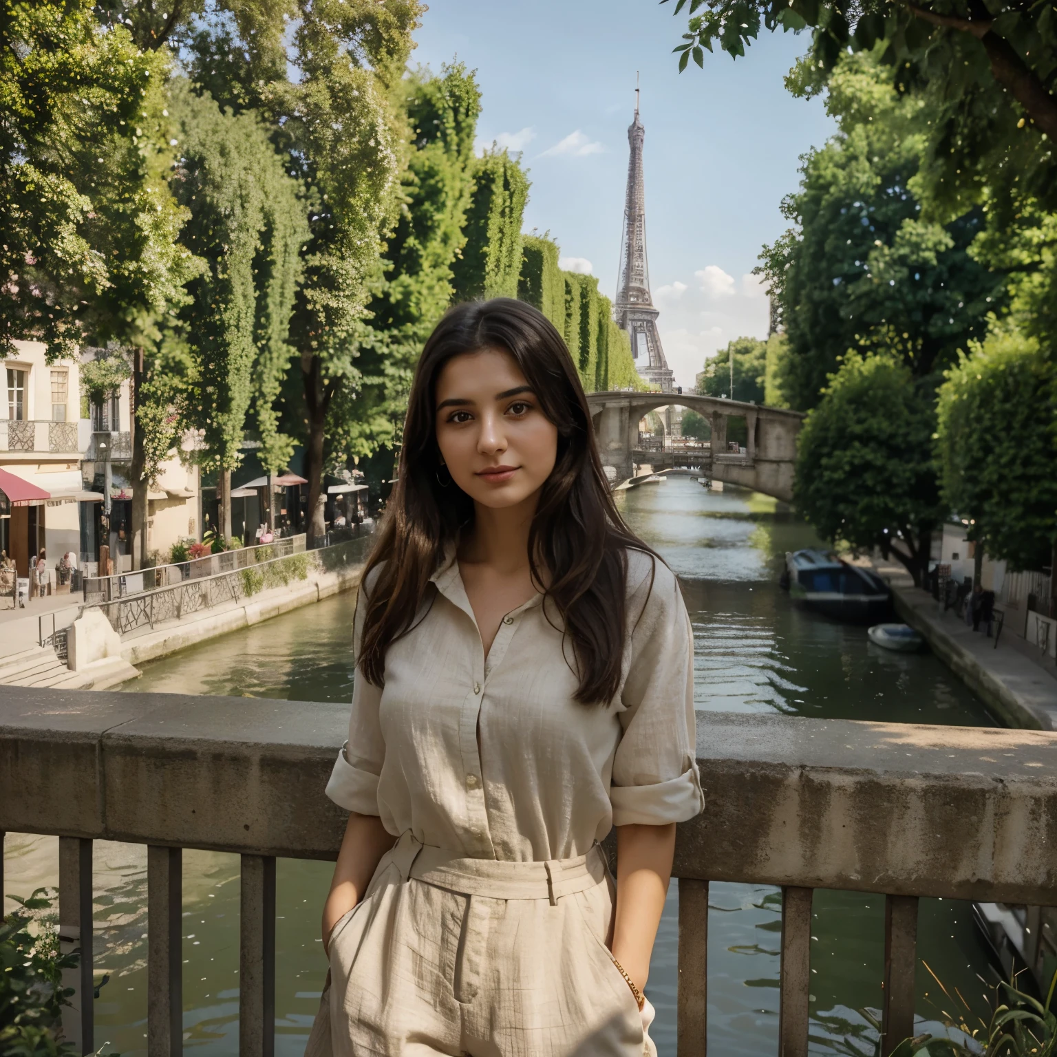 Generate a realistic, high-resolution portrait of Selma Lahrizi, a 24-year-old woman with a warm and approachable presence. She's wearing a stylish summer outfit, a flowy linen green shirt, and linen beige shorts. The photo should be taken in Paris, with a backdrop of the Seine River and its charming bridges. The lighting should be soft, diffused sunlight. The focus should be on her face and the overall image should be symmetrical. Ensure consistent face and body shape throughout the image.