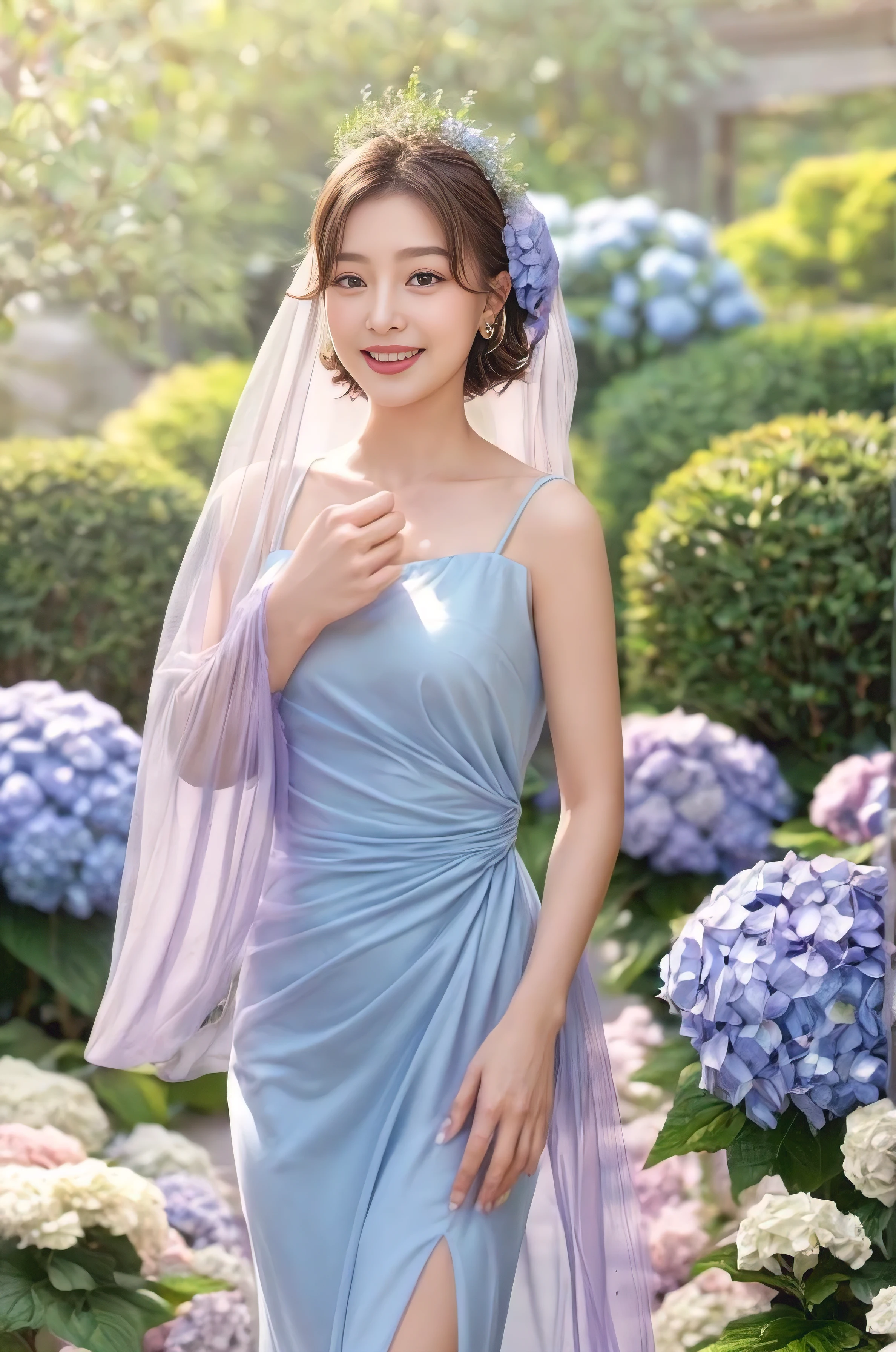 limited detailed accurately all things, focusing on (J-actress): 1.1 in two solo shots with high-quality and an official, dim focus. Utilize a panoramic view and apply a cinematic movie light effect for enhanced drama. Ensure anatomical accuracy, detailing the model's hand with four fingers and one thumb. Highlight elegant and clean attire that complements the model's perfect body shape, emphasizing soft curves and a natural smile. Showcase the model's large, deep brown eyes and mouth, along with her beautiful medium bob hairstyle and clean, flawless skin. Capture a cute, sexy, and elegant facial expression, adding dynamism with varied angles for visual engagement and warmth. , 😚, Mature Gravure Idol's Work, Surrounded by HydrangeasElegant wrap dress with floral patterns, perfect for a garden photoshoot among hydrangeas.Soft lavender and white to complement the natural hues of the hydrangeas.Loose, romantic curls and natural, glowing makeup highlighting fresh, radiant skin.Gentle side profile capturing the idol’s serene and graceful expression amidst the blooms.Standing gracefully among the hydrangea bushes, softly touching the flowers with a serene smile.Lush garden filled with blooming hydrangeas in various shades of blue and purple.Simple pearl earrings and a delicate bracelet for a touch of elegance.Mid-morning to capture the soft, natural daylight.., 💓, a little small light brown moles, seductive natural smile. (Absolutely 1 person)