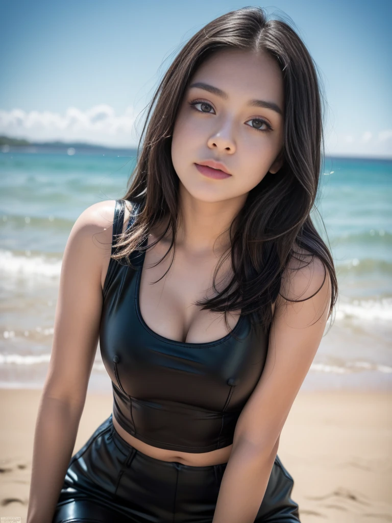 1girl, solo, (uniform), standing, at the beach, beautifully ocean scenery, detailed cute face, detailed eyes, thick medium breasts, smooth realistic skin, black latex tanktop, black latex hot pants, looking at the audience, low angle shot,(8k, RAW photo, best quality, masterpiece: 1.2), (realistic, realistic: 1.37), ultra-high resolution