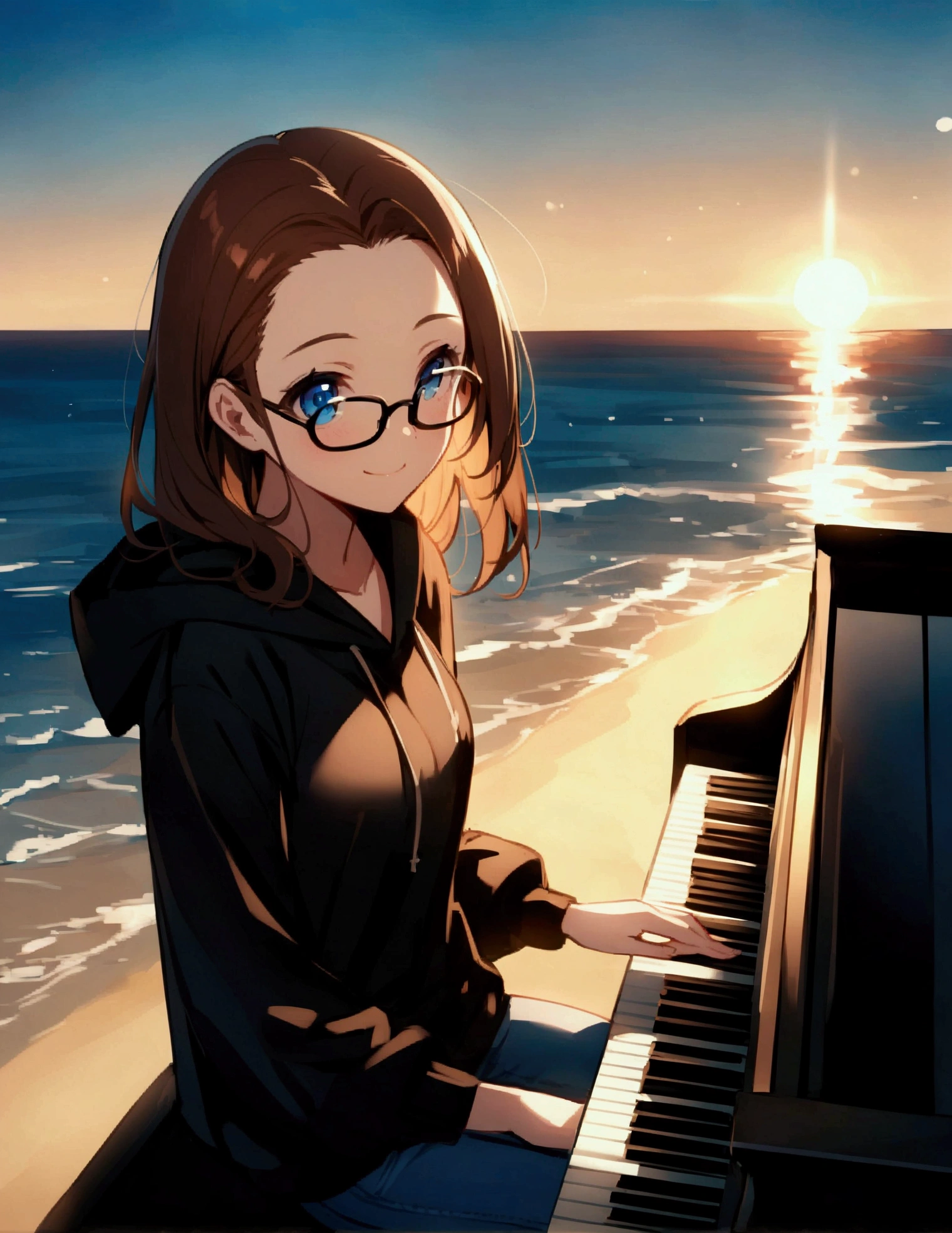 Alone, one person, anime woman (shoulder-length brown hair, blue eyes, black hoodie, jeans, dark-rimmed glasses, clear forehead, smiling) plays sitting on a beautiful black piano. Summer. Sun ist shining. Ocean in the background. Perfect Hands. Perfect Fingers.