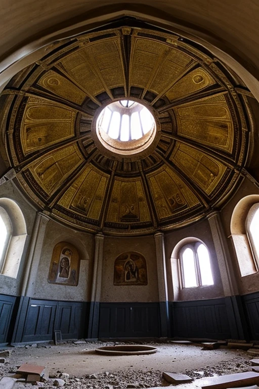 ((Best quality)), ((masterpiece)), (detailed),destroyed interior of an Orthodox church , Underground, round, ((hole in the ceiling))