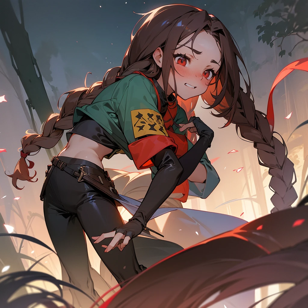1female, sexy, young teen, finely detailed red eyes, wild long hair, braided hair, dark brown color hair, adventurer gear, crop top sweater, baggy combat pants, night time, dark forest, excited expression, flowers, blushing, standing on path, lanturns, black armband