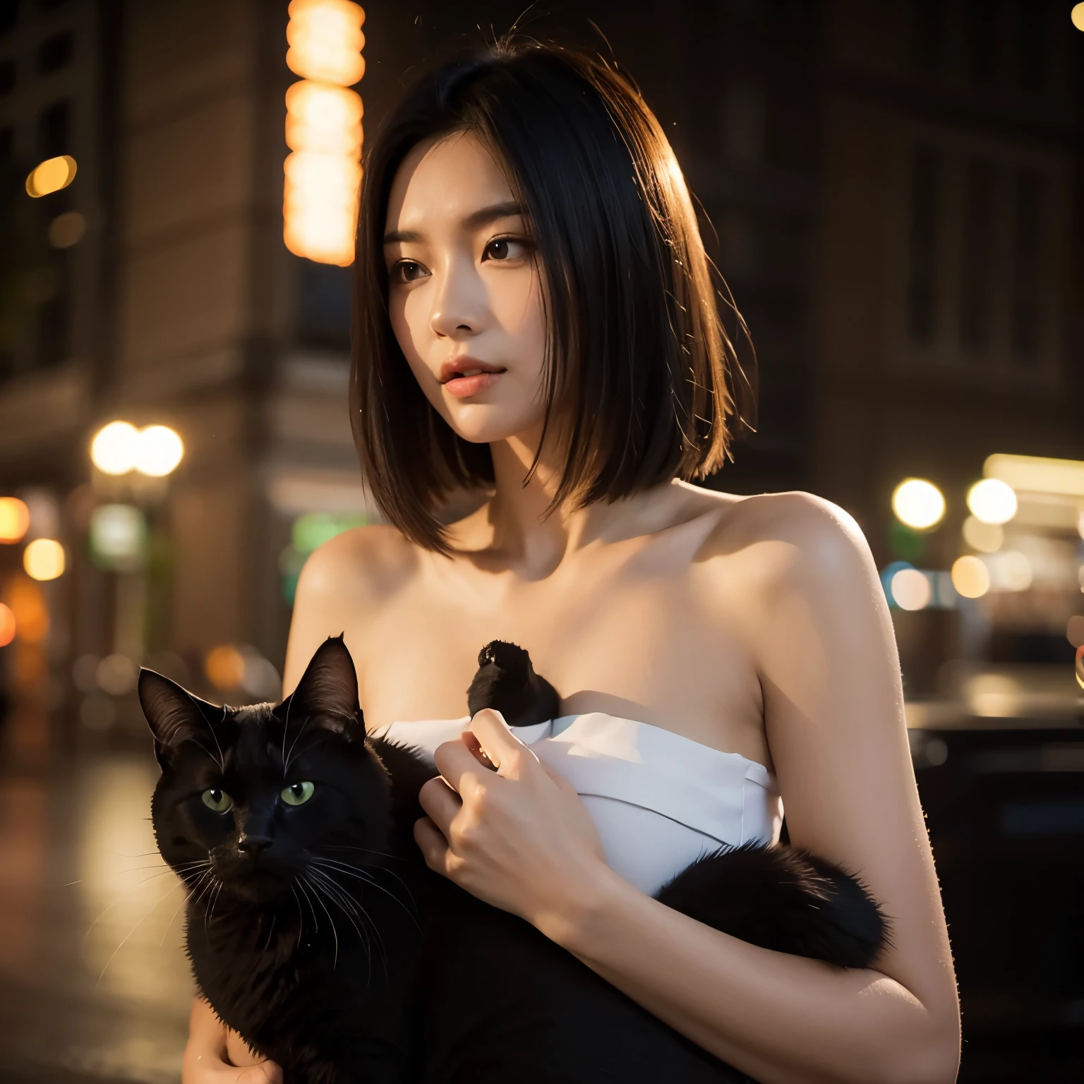 best qualtiy， tmasterpiece， ultra high resolution， （realisticlying：1.5）， RAW photogr， 1 cat， adolable， in the darkness nigth， deep shading， low tune， cold light， Sexy look,shoulder length straight bob hair,slim