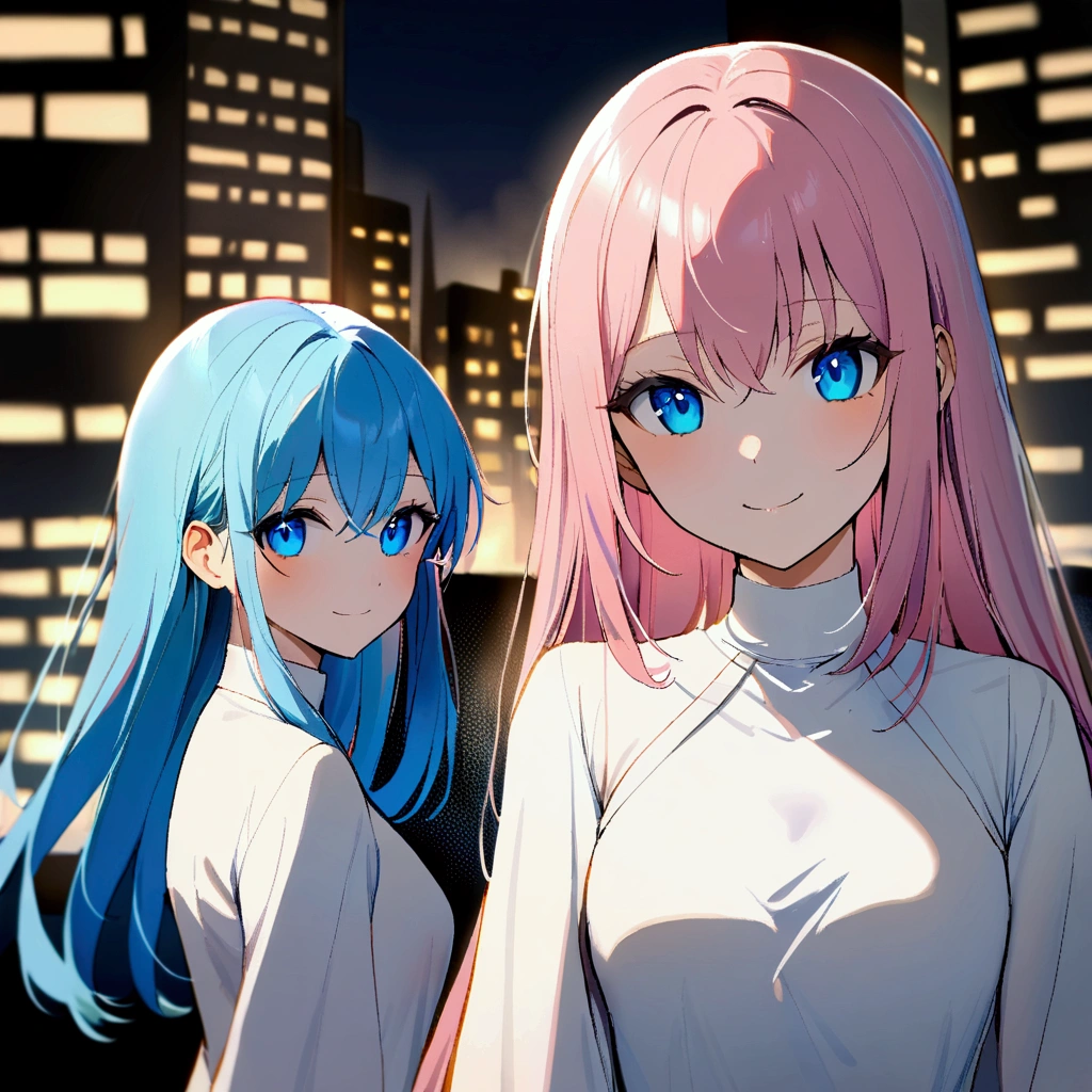2 girls 18 yo, pink hair and blue hair, blue eyes, white dress, smiling, dark city behind them