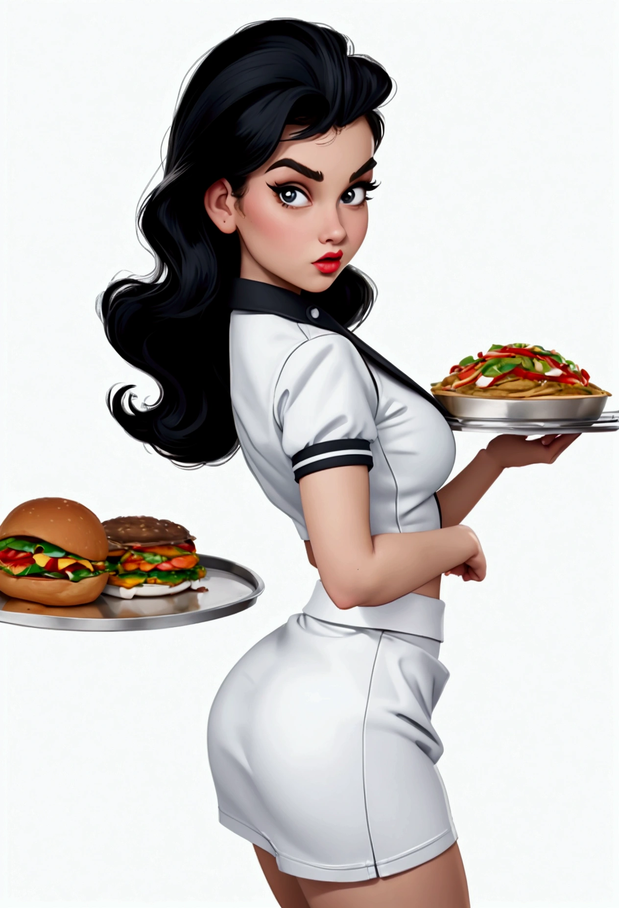masterpiece, best image, Pop art culture style, pulp style , BREAK, 1 woman, a 20 year old woman, standing, wearing waitress clothes, in retro style, looking friendly at the viewer, His two hands holding a restaurant tray, Polite clothing, BREAK, (plain white background), best angle, best view, blow to the body