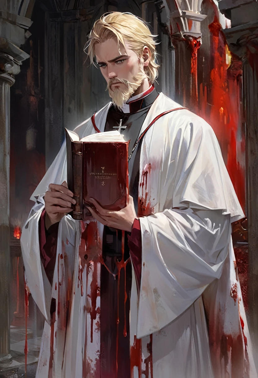 "Realistic Digital Painting with Concept Art Elements"," digital painting," "concept art," "realistic," "high detail", "1boy", "muscular", "wearing priest garment", "blood all over his hands and priest garments", "high-res", "blonde hair", "church", "moonlight", "bible in hand", "full body shot", "omnious aura,", "demon tail underneath priest garments", "bloody garments", "blood all over his face" "detailed-Eyes", "detailed-face", "blood on lips", "blood trickling down chin", "8k resolution", "heavily bloody as the entire garment is coated in red liquid"