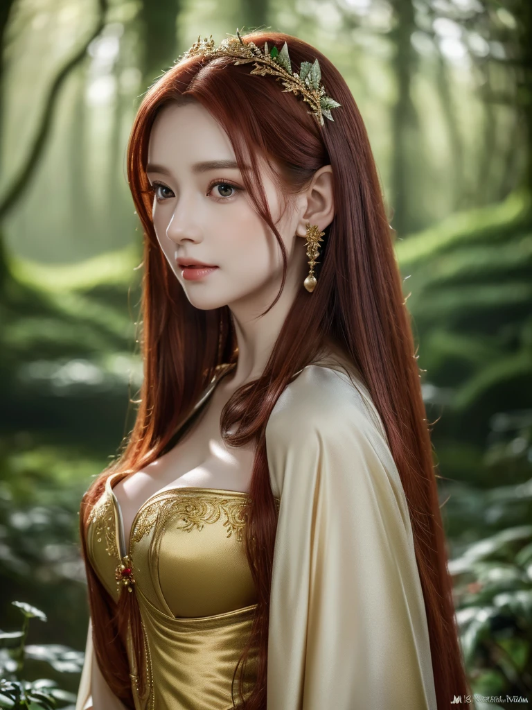 a beautiful redheaded asian girl, long very very silky hair, elegant elf dress, dense forest, no sunlight, detailed face and eyes, very very big tits (best quality,4k,8k,highres,masterpiece:1.2),ultra-detailed,(realistic,photorealistic,photo-realistic:1.37),magical fantasy atmosphere,fantasy,concept art