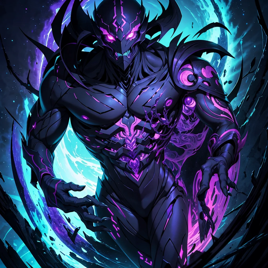 

Malkaroth was a nightmare vision, with its humanoid shape more than three meters high. His ebony-black skin was streaked with purple veins that emitted a sinister glow.. his eyes, pits of absolute darkness, They absorbed all the light around them.


It must be drawn in the anime beach style, please, a single being and full body 
