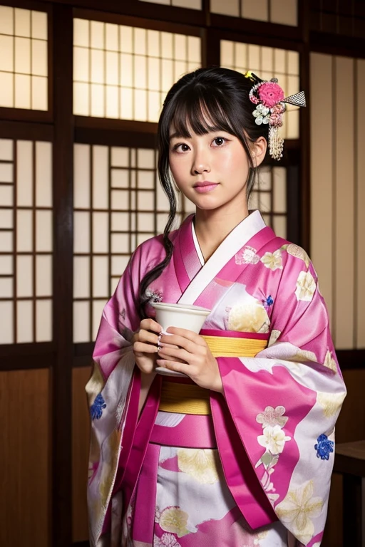 1girl, solo, japanese_clothes, kimono, alcohol, photo_(medium), sake