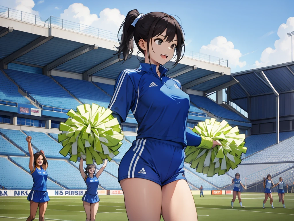 cheer for women in blue clothes, at the football stadium