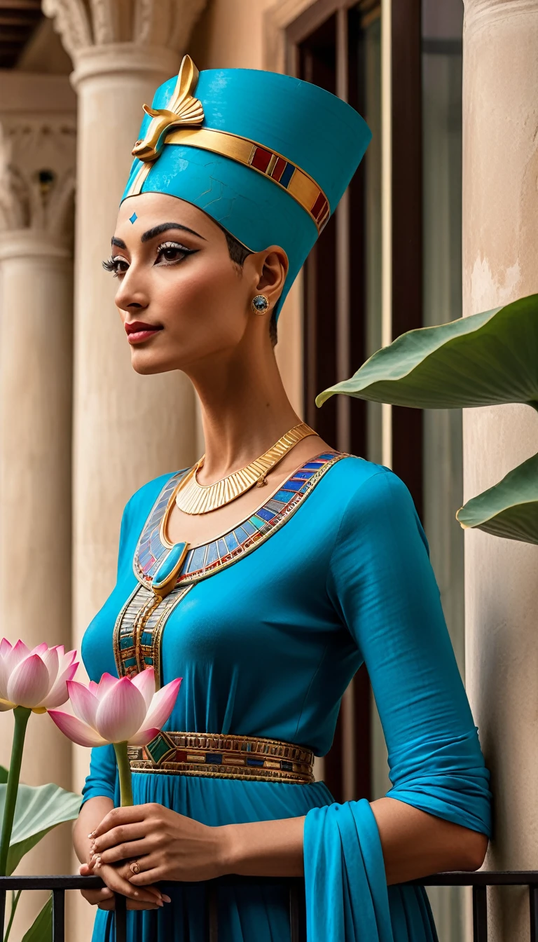 Nefertiti has a serene and wise expression, her eyes reflecting the strength and intelligence she is known for. She stands confidently, with one hand resting lightly on the balcony railing, and the other holding a delicate lotus flower, symbolizing beauty and grace. Near Nefertiti, you can see lush potted plants and colourful flowers, adding a touch of nature to the scene.