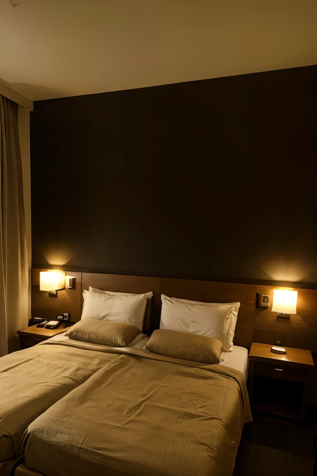 3 Beds in a Realistic Hotel, not too luxurious, drap bien fait, Low Light, il fait quasiment nuit