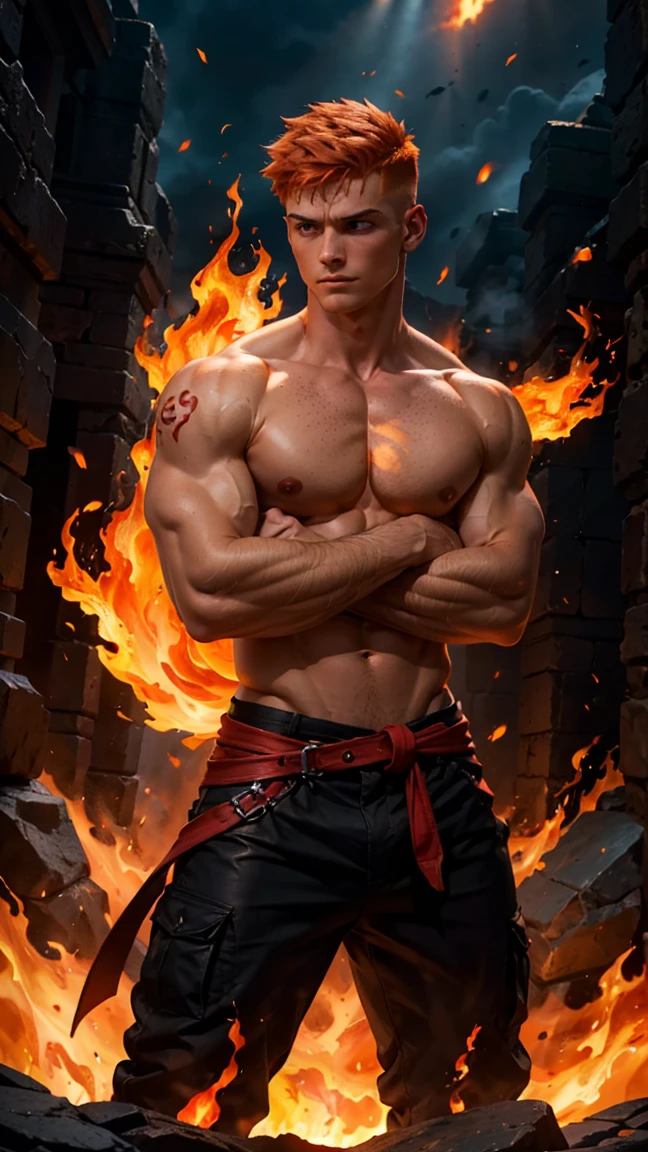 A strong twink man, muscular with short, orange undercut hair and freckles, stands in a battle-ready stance with his arms crossed. He is shirtless, revealing his well-defined torso and arms, covered in intricate flame tattoos that extend across his entire chest and back. He wears fitted pants adorned with flame patterns in red and black. His smooth, well-groomed underarms are visible, and the surroundings are ablaze with warm hues of red, orange, and gold, creating a dramatic and intense atmosphere. Flames erupt around him, casting dynamic shadows and emphasizing his readiness for combat. The ground is covered in glowing embers and ash, reflecting the fiery nature of his element. The image is rendered in a photorealistic, hyper-realistic 8k style, with vibrant HDR and chiaroscuro lighting that highlights the fiery energy and motion of the scene. His eyes burn with a fierce intensity, showcasing his mastery of fire and his readiness for battle.