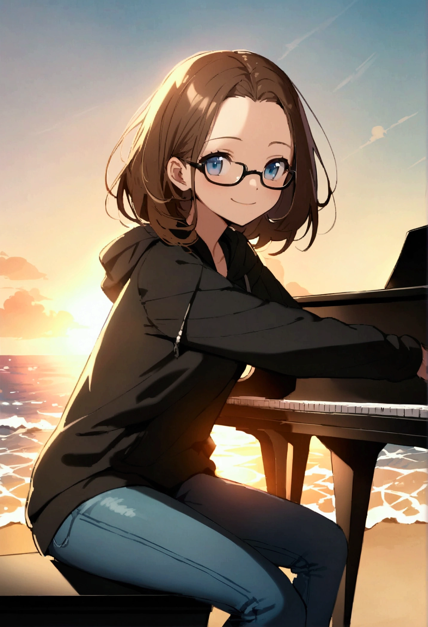 Alone, one person, anime woman (shoulder-length brown hair, blue eyes, black hoodie, jeans, dark-rimmed glasses, clear forehead, smiling) plays sitting on a beautiful black piano. Summer. Sun ist shining. Ocean in the background.