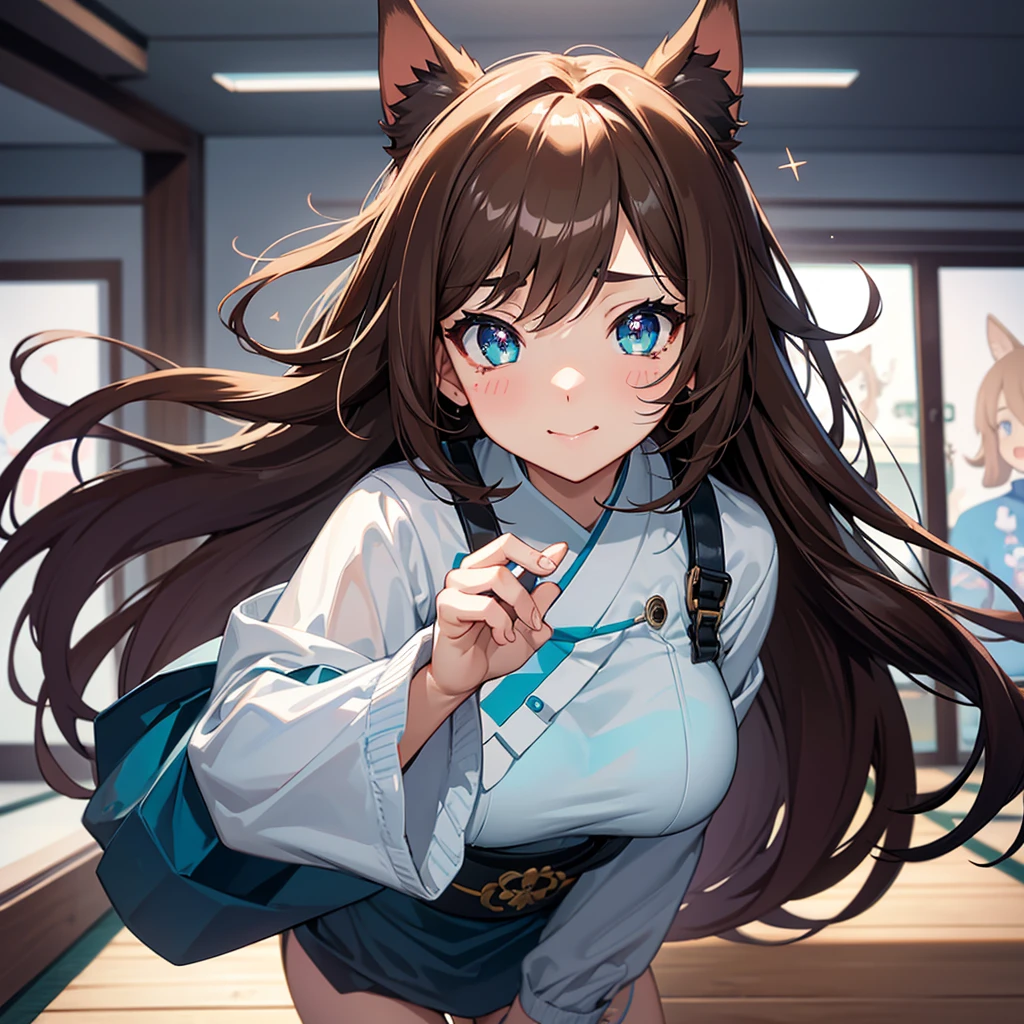 nsfw,one woman,midnightblue ,squatting,large breasts,cute face,big eyes,naughty expression,wave hair,from front,looking at viewer,indoor,japanese、brown hair, expressive hair, star-shaped pupils, eyeball, aqua eyes, sparkling eyes, dog ears, blush stickers, happy, Surrealism, アニメ, アニメ style, depth of field, cowboy shot, 8k, super detail, uhd, masterpiece, accurate, anatomically correct, textured skin, super detail, high details, high quality, award winning, best quality, highres - poses and expressions： • Head tilted slightly • Large eyes with an intrigued expression • Mouth slightly open、Happy smile • Overall、Curious and affectionate - Characteristics： • Long, fluffy wavy hair（Reminiscent of dog ears） • Large, expressive eyes • Small nose and mouth（Reminiscent of a dog&#39;s nose） - clothing： • Clothes with a fluffy texture（The skirt and sleeves feature designs reminiscent of dog tails and ears.） • Light pastel colors - Accessories： • 首元に可愛らしいfirst round（Those with ribbons or jewel-like decorations） - background： • A corner of the living room • A sofa and cushions、You can see some potted plants. • Soft light is coming in through the window. • Carpets and dog toys are scattered on the floor. - Overall atmosphere： • Bright and warm colors • Lots of soft lines and rounded shapes • A cozy, lived-in atmosphere」Exposed skin、Being spoiled、Ecstatic smile、Close-up、Obedience、first round、(low quality,worst quality:1.4),extra limbs,missing limb,extra digit,fewer digit,missing digit,missing finger,fused fingers,mutated hands and fingers、Squatting with legs apart、Raise your hands up to your face without holding them