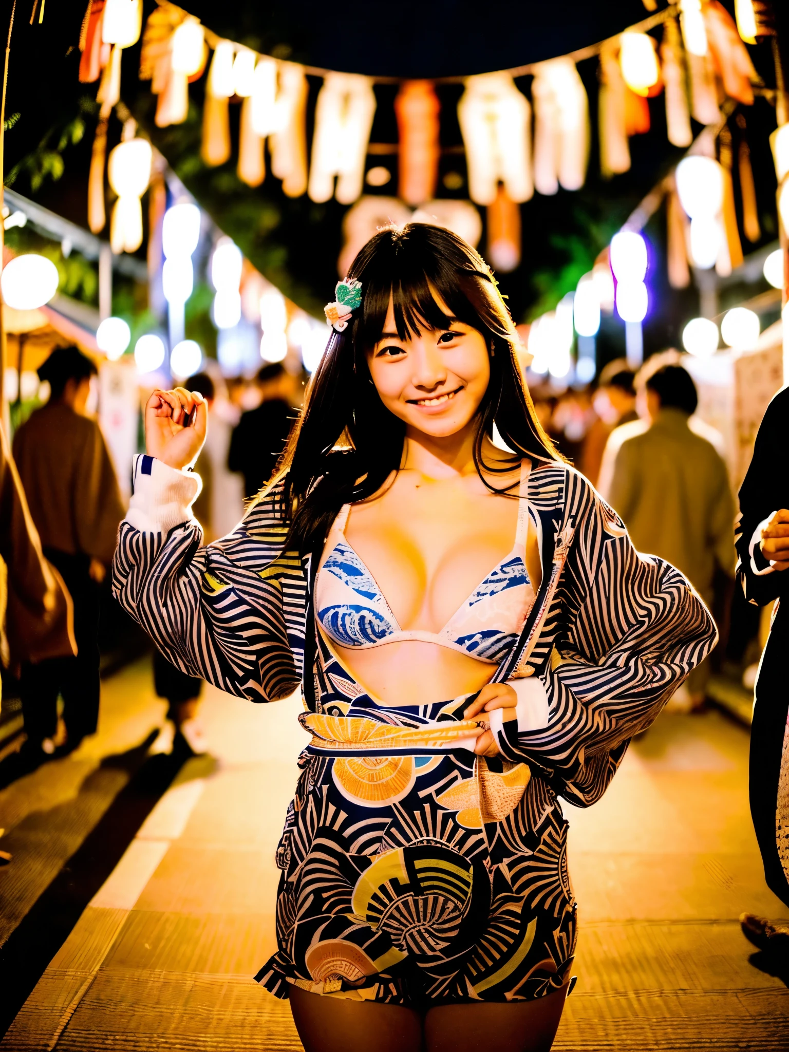 A very cute face like an idol、A young-looking 20-year-old woman、Smiling Kindly、(((She is wearing a cute long-sleeved Japanese yukata.)))、Cleavage、((She is opening the hem of her yukata to show her panties.))、night、Walking through a Japanese festival、Natural light、Whole body、High level of artistry