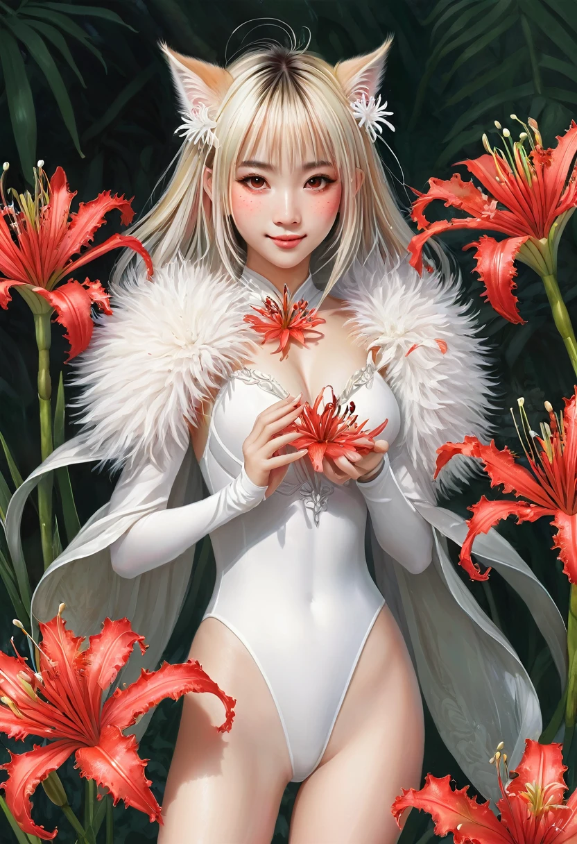 watercolor, highres, top quality, best quality, paid reward available, High-quality illustrations, unparalleled masterpiece, perfect artwork, absurdres, 1girl, kemono, furry, detailed body fur, animal face, animal hand, Archaic Smile, holding a cluster of red spider lilies in both hands, which are positioned at chest level, She is wearing a simple ring on the ring finger of her left hand, unfocused spread of red spider lilies, red coral, fan-created work shared on platforms Pixiv or ,
