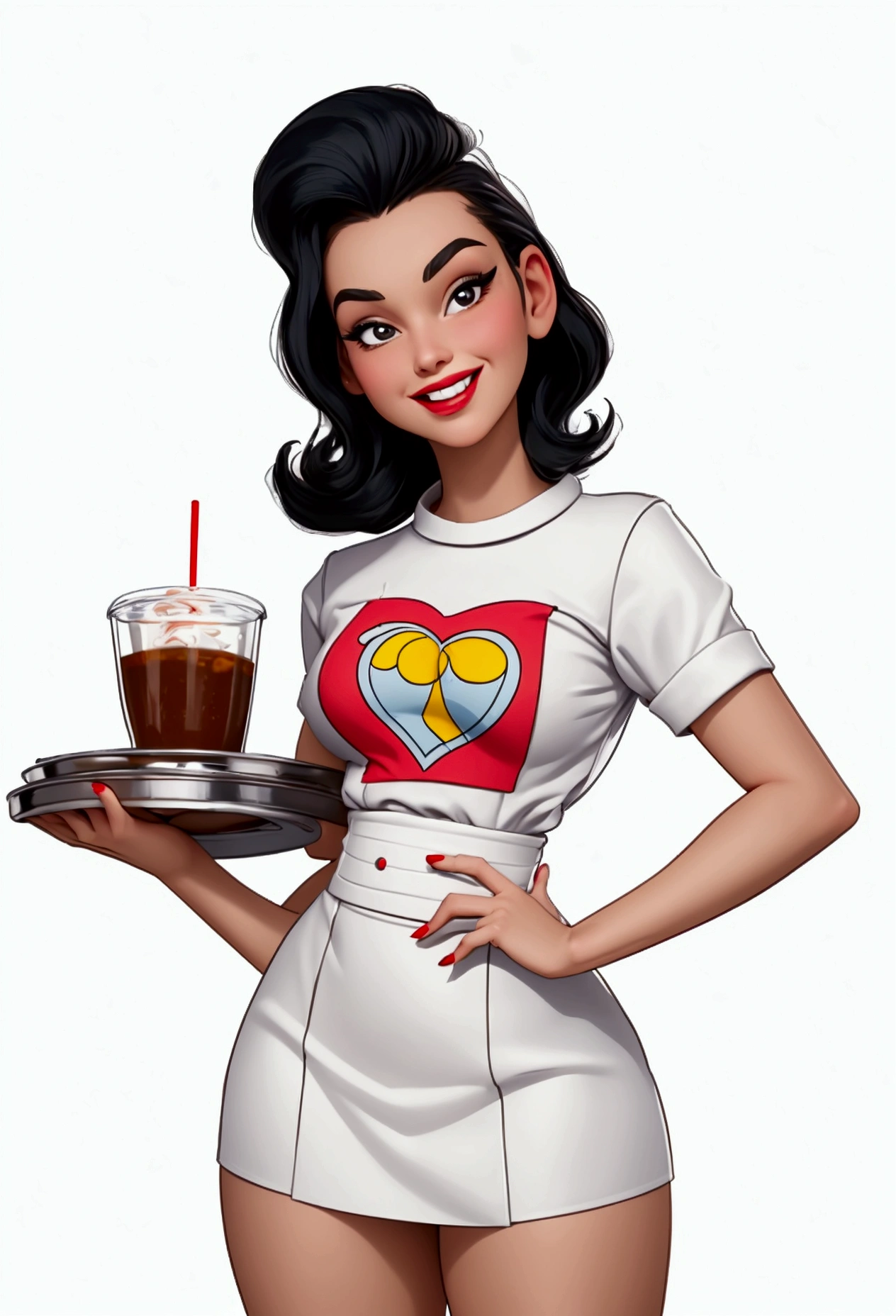 masterpiece, best image, Pop art culture style, pulp style , BREAK, 1 woman, a 20 year old woman, standing, wearing waitress clothes, in retro style, looking friendly at the viewer, His two hands holding a restaurant tray, (plain white background), smiling