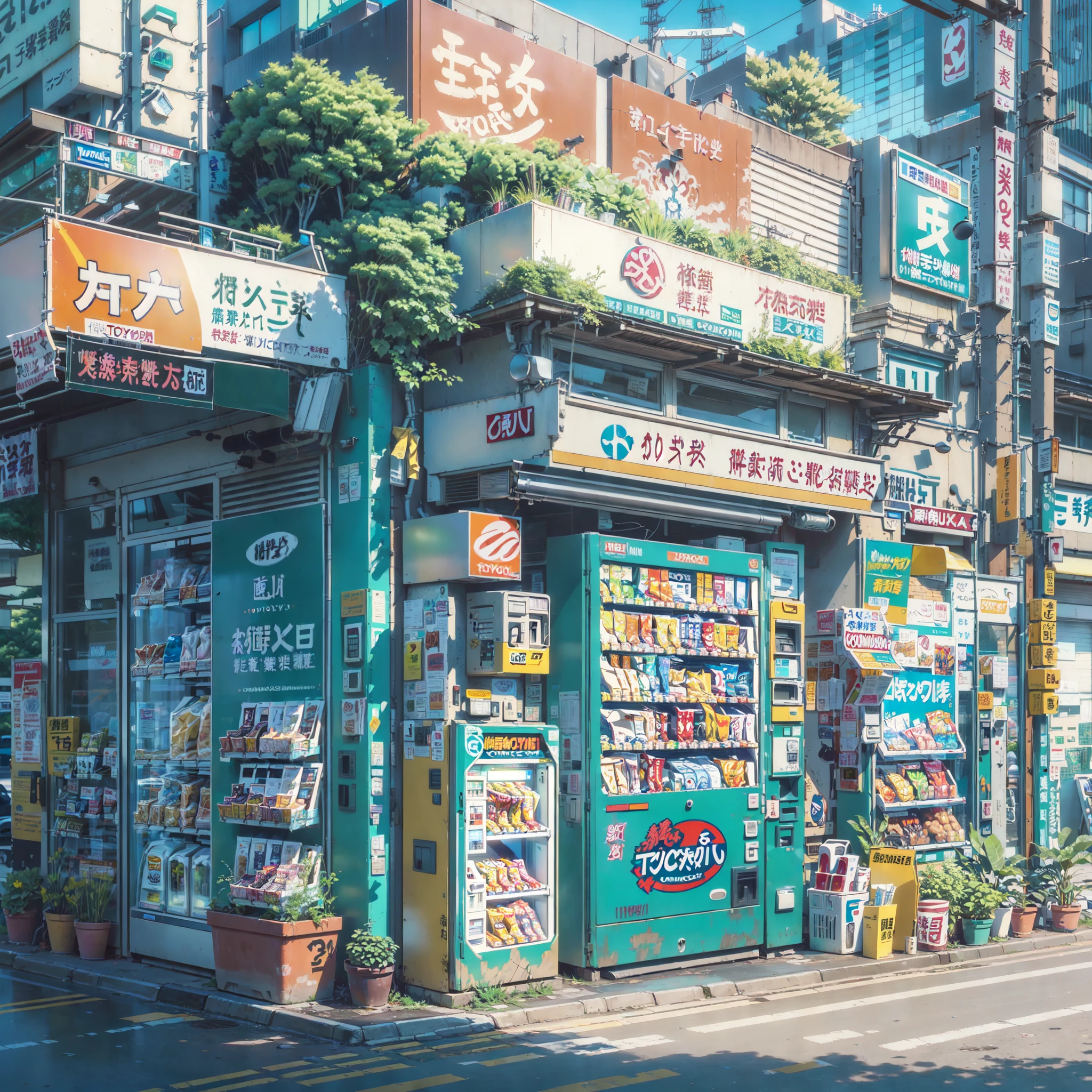 ((modern tokyo convenience store with a big vending machine outside: 1.3)) , ((camera facing the front of the store:1.2)), ((next to a river: 1.2)), detailed anime artwork, urban, tokyo anime scene, ((bright blue sky: 1.0)), extra detailed, very detailed, japanese shop banners, plant pots, trash cans, anime style, anime, lofi, lofi vibe, ((best quality:1.5)), ((masterpiece:1.5)), ((highly detailed:1.3)), ((anime aesthetic:1.2)), ((no one: 1.2)), ((no people: 1.2))