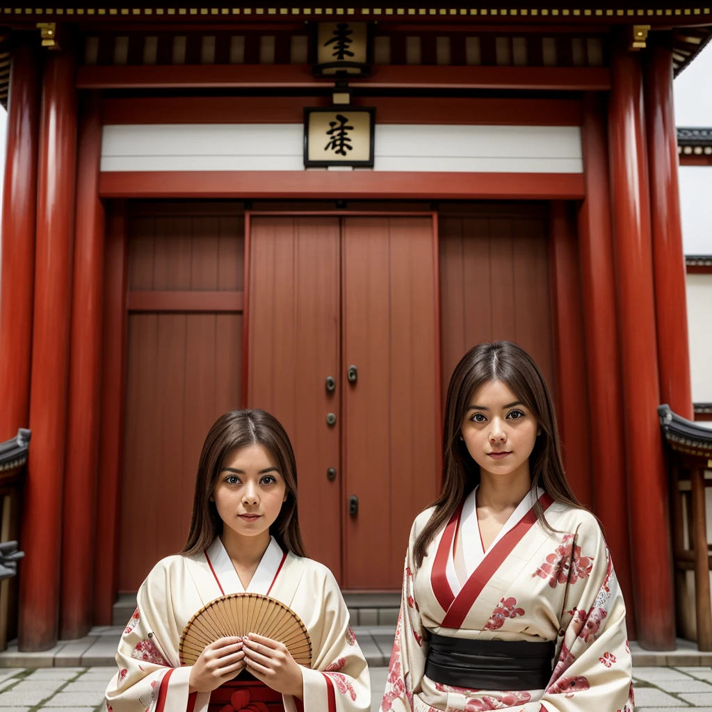 "A young woman of 23 years old with brown hair and big eyes is posing in front of the Kaminarimon gate of the Senso-ji Temple in Asakusa, such. She is wearing an elegant traditional Japanese kimono and holding a fan. The scene shows the large red door and the traditional decorations of the temple."