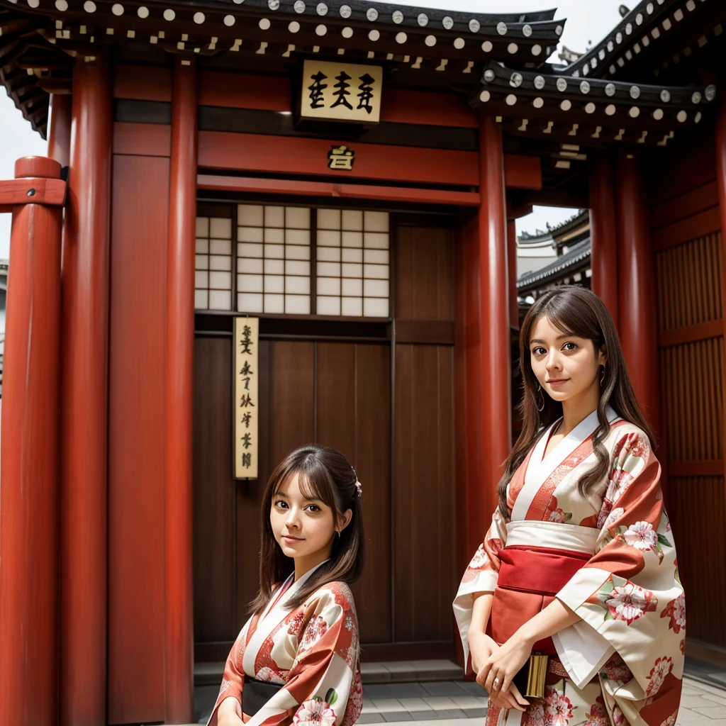 "A young woman of 23 years old with brown hair and big eyes is posing in front of the Kaminarimon gate of the Senso-ji Temple in Asakusa, such. She is wearing an elegant traditional Japanese kimono and holding a fan. The scene shows the large red door and the traditional decorations of the temple."