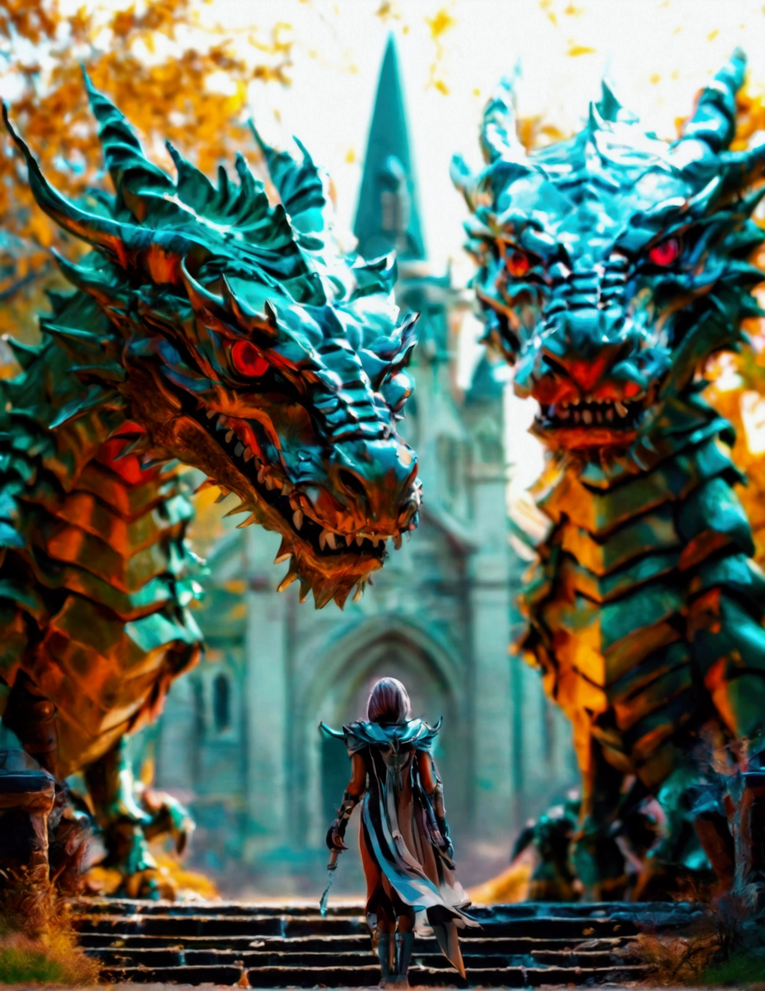 the Human with armor, in front a old church, the dragon with two heads in background, masterpiece, raw image, highly detailed 4k, in Dark Fantasy Style