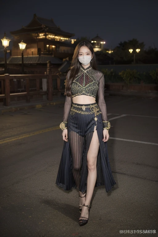 ((original photography:1.2)),Photographed by mobile phone,RAW photos,(masterpiece, Top quality, best quality,Official Art, beautiful and aesthetic:1.2),Night view of Beijing,violent storm,1 Girl, Perfect body,Full body portrait,Fashion的头发, Very long hair, delicate eyes, Side Light, Sweating,(With a mask), Huge breasts,Fashion的民族服飾,Tight long skirt,(intricate ethnic costumes、embroidery、stripe、pattern、Fashion、Hollow),Long slender legs