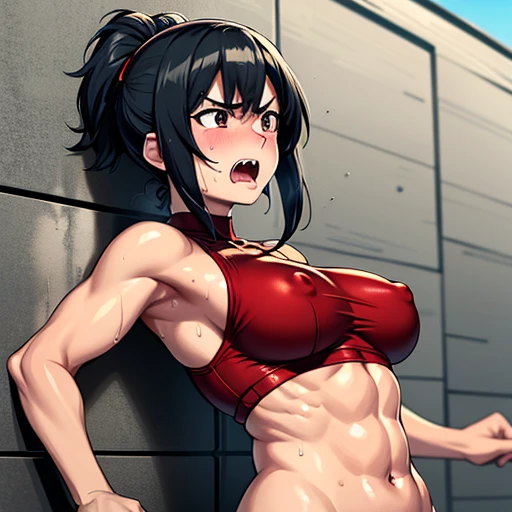 a man is punching imto a girl's belly. beautiful bloody young Japanese female streetfighter is punched by opponent in the back street. she is defeated. She is cornered against the wall. She is groggy. She is running out of strength. Short-cut black hair, out of breath, drooling from mouth, screaming, exhausted, drenched in sweat. Muscularity. Six-pack abs. Erect nipples.
