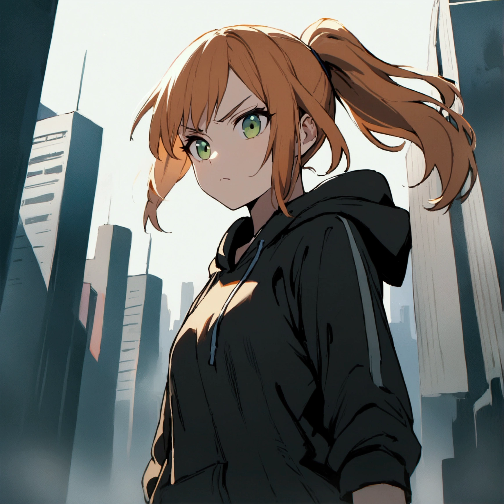 1 girl 18 yo, orange hair, ponytail, green eyes, black hoodie and shorts, serious expression, city behind her