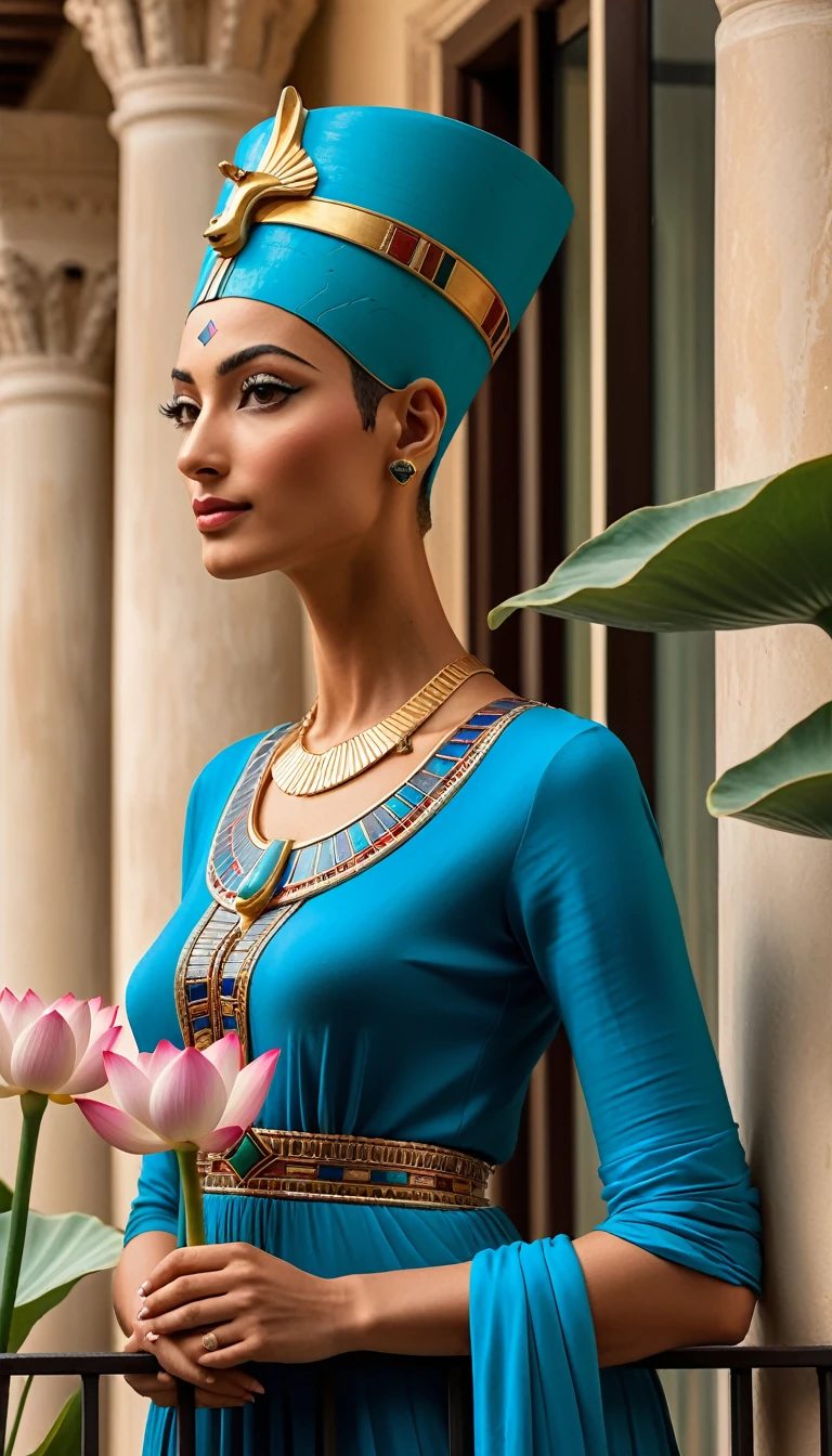 Nefertiti has a serene and wise expression, her eyes reflecting the strength and intelligence she is known for. She stands confidently, with one hand resting lightly on the balcony railing, and the other holding a delicate lotus flower, symbolizing beauty and grace. Near Nefertiti, you can see lush potted plants and colourful flowers, adding a touch of nature to the scene.