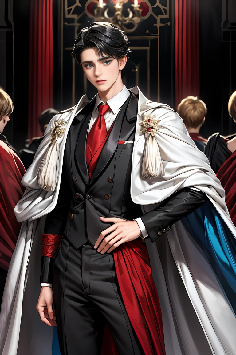 masterpiece, 最high quality, high quality, 1 boy, alone, Male focus, Watching the audience, Messy black hair, Adorable big blue eyes, White, Noble, Noble,A sexy, voluminous, puffy cape、tuxedo、A very voluminous, large, very large, very large, long, long red and black cape with a high stand-up collar, made of a lot of fabric that reaches down to the floor., ,Cute beautiful boys,Cute, cute, kind, handsome guy