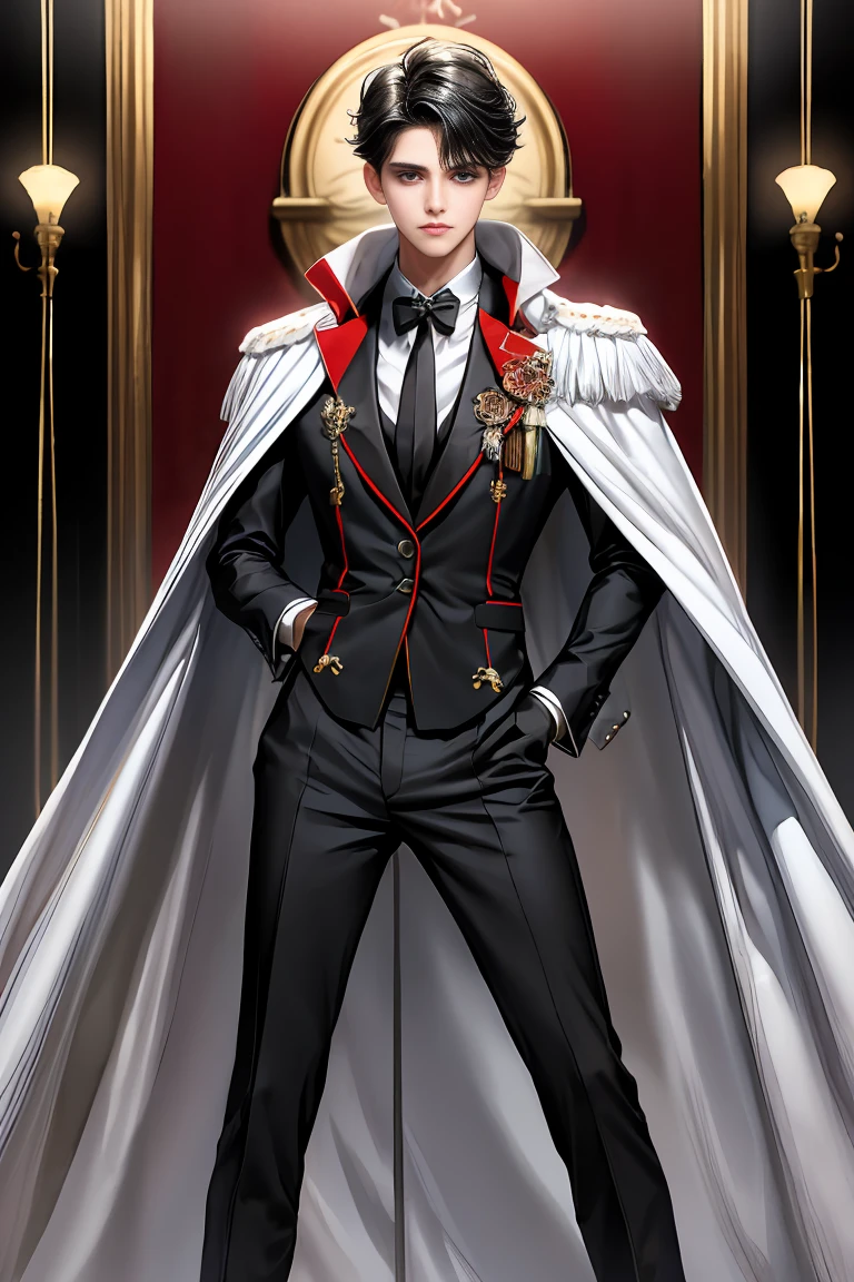 masterpiece, 最high quality, high quality, 1 boy, alone, Male focus, Watching the audience, Messy black hair, Adorable big blue eyes, White, Noble, Noble,A sexy, voluminous, puffy cape、tuxedo、A very voluminous, large, very large, very large, long, long red and black cape with a high stand-up collar, made of a lot of fabric that reaches down to the floor., ,Cute beautiful boys,Cute, cute, kind, handsome guy
