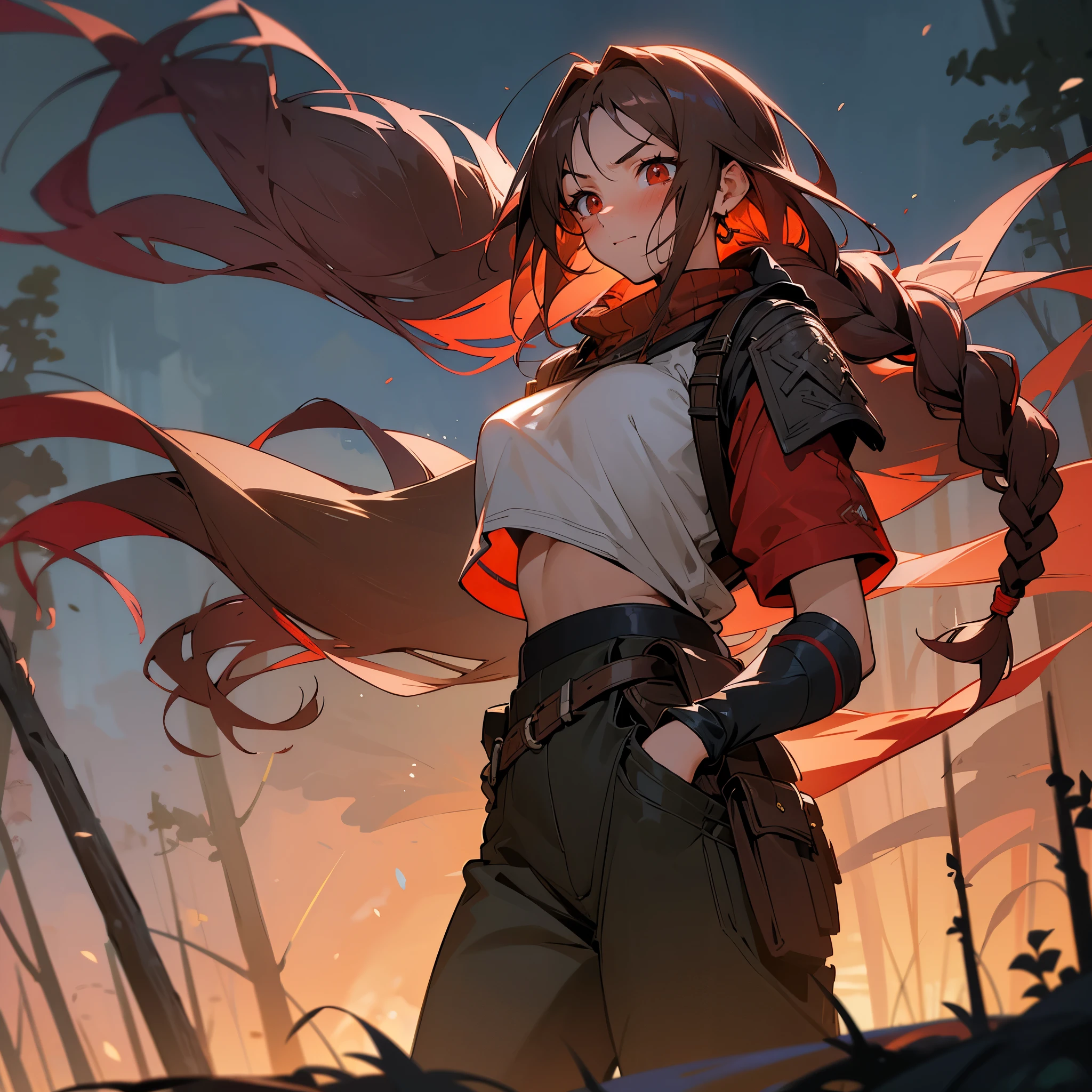 1female, sexy, young teen, finely detailed red eyes, wild long hair, braided hair, dark brown color hair, adventurer gear, crop top sweater, baggy combat pants, night time, dark forest, excited expression, flowers, blushing, standing on path, lanturns, black armband