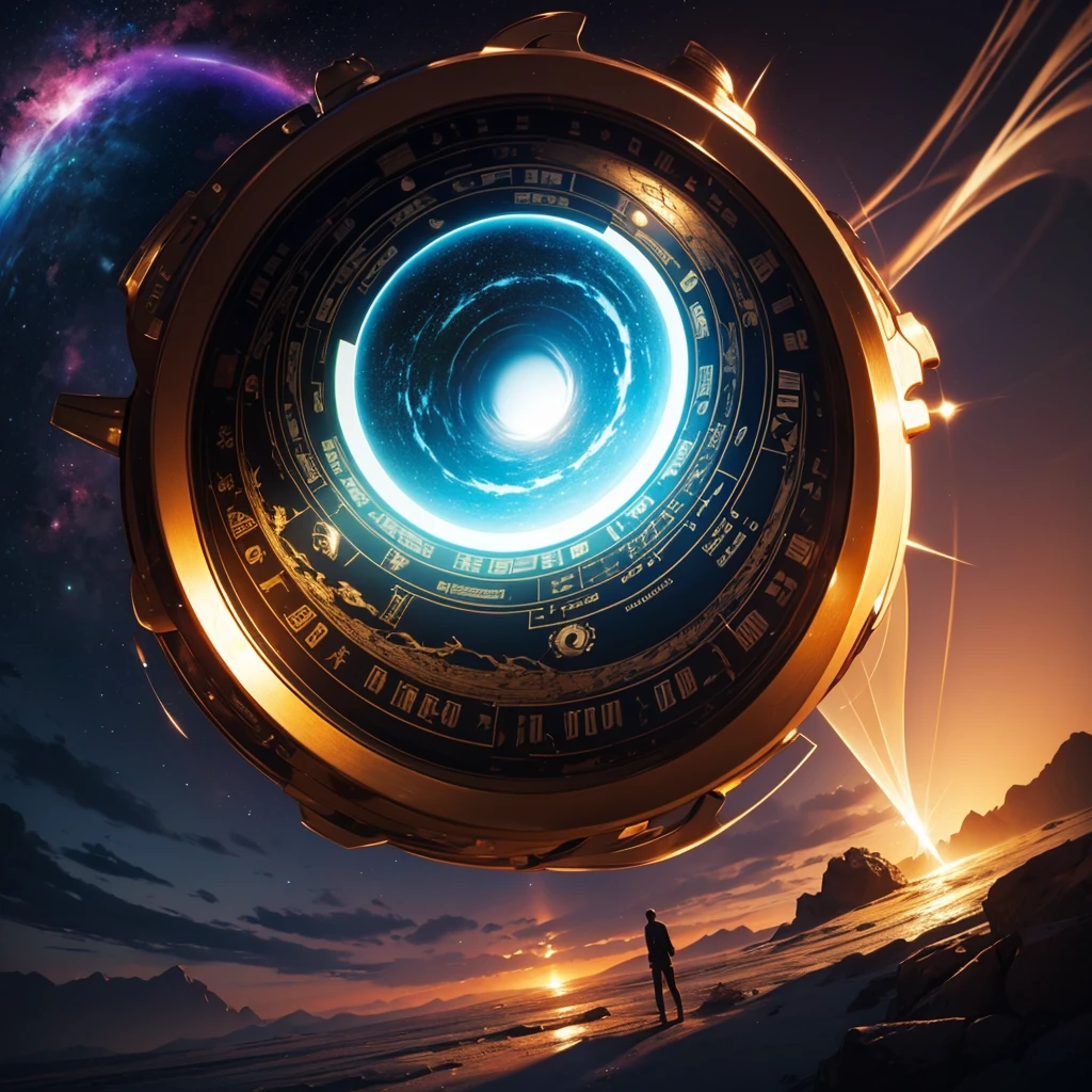 image of interpretation of Out of time, soround with circular rainbow, noosphere, colorful. HD
