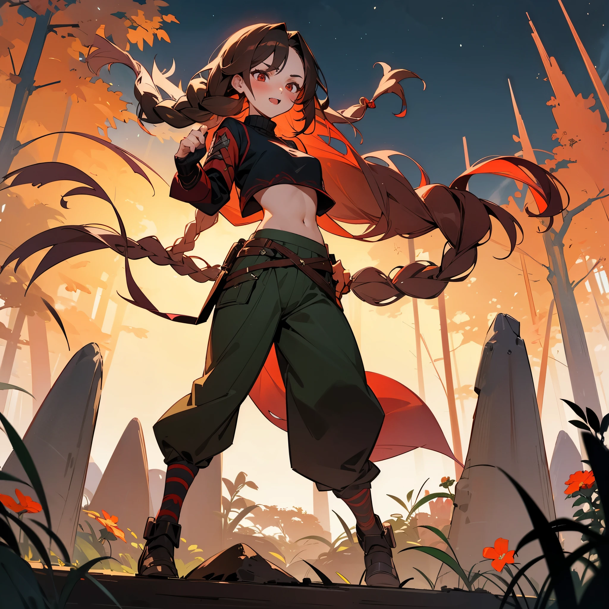 1female, sexy, , finely detailed red eyes, wild long hair, braided hair, dark brown color hair, adventurer gear, crop top sweater, baggy combat pants, night time, dark forest, excited expression, flowers, blushing, standing on path, lanturns, black armband