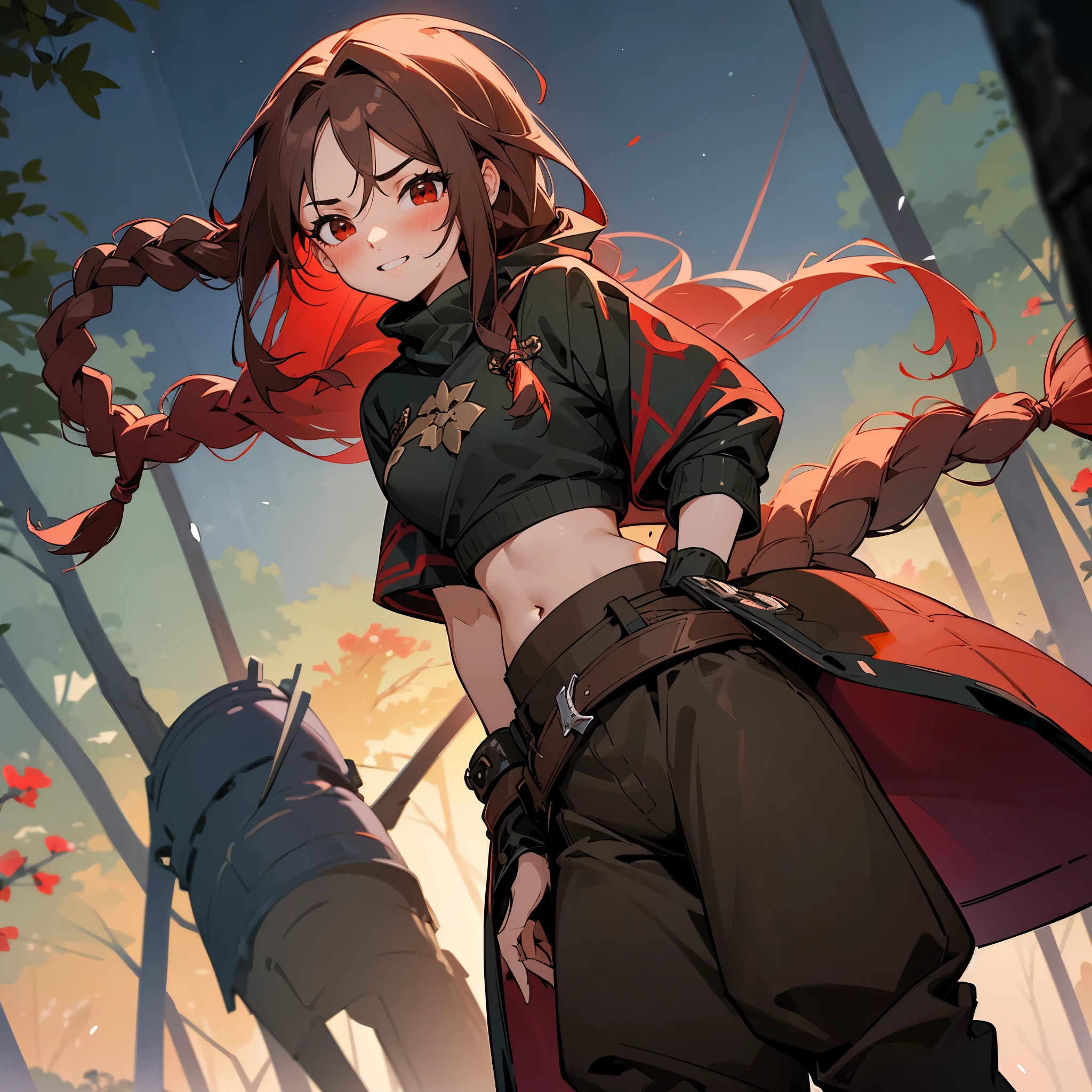1female, sexy, young teen, finely detailed red eyes, wild long hair, braided hair, dark brown color hair, adventurer gear, crop top sweater, baggy combat pants, night time, dark forest, excited expression, flowers, blushing, standing on path, lanturns, black armband