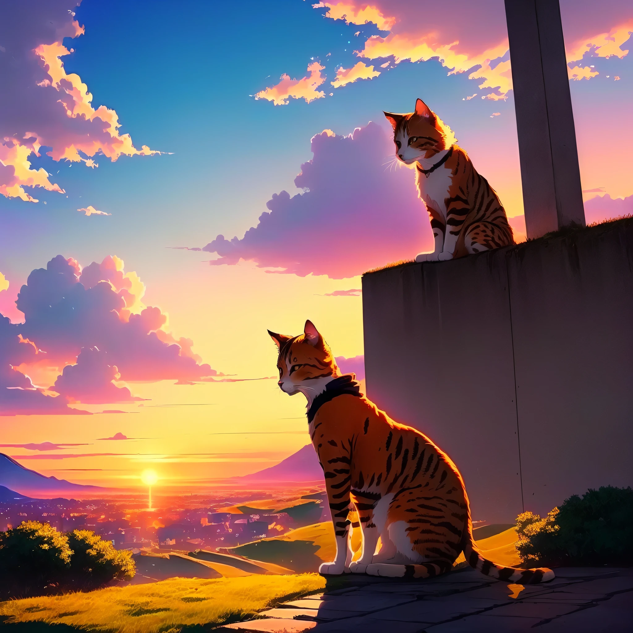 Cat, Home,Watching the sunset. anime, Makoto Shinkai Cyril Rolland, anime movie background, anime landscape wallpaper, anime wallpaper 4k, anime wallpaper 4 k, Awesome Wallpapers, anime landscape, 4k anime wallpaper, anime background, colorful anime movie background, anime art wallpaper 4k, anime art wallpaper 4 k
