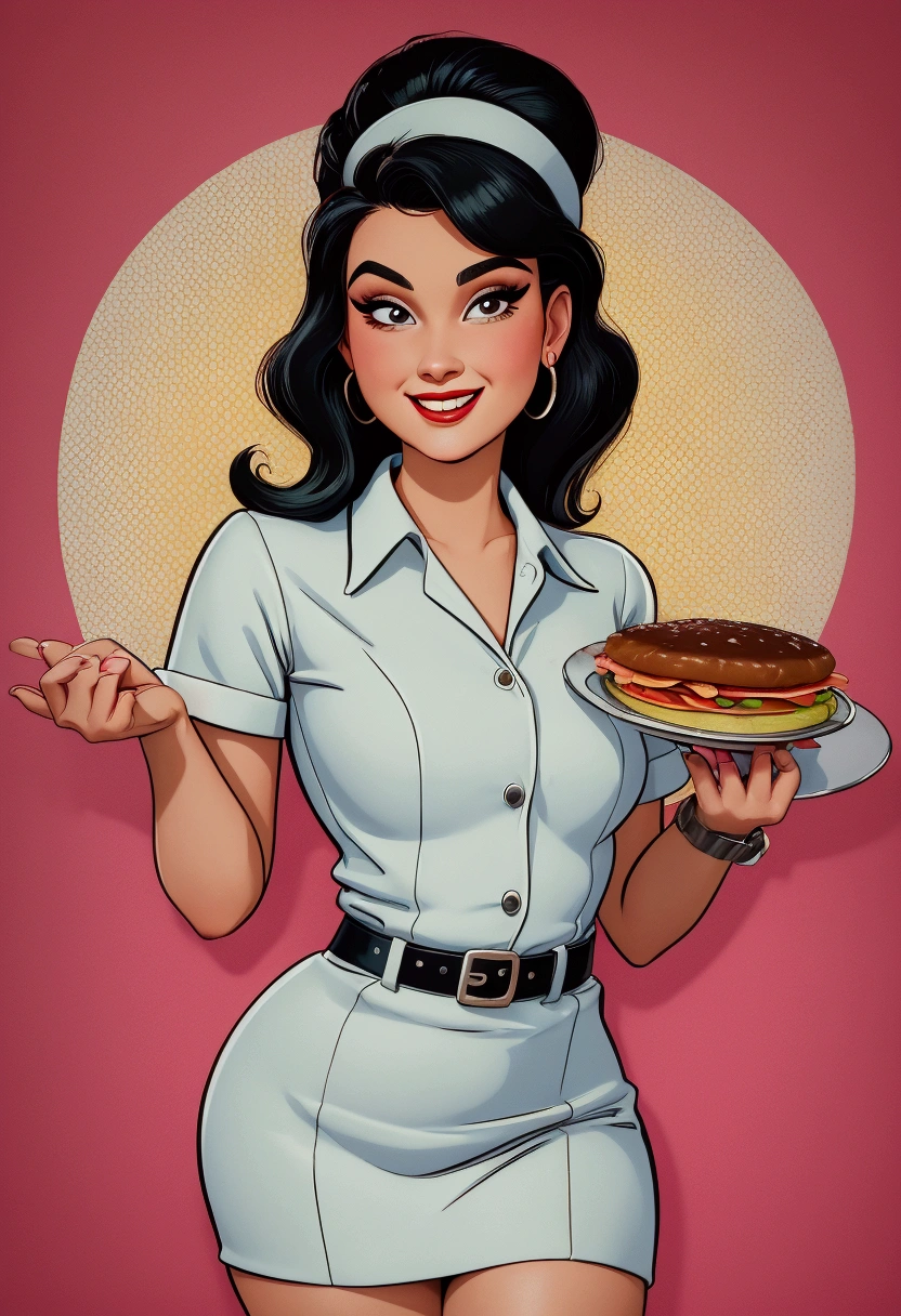 masterpiece, best image, Pop art culture style, pulp style , BREAK, 1 woman, a 20 year old woman, standing, wearing formal waitress clothes, in retro style, looking friendly at the viewer, His two hands holding a restaurant tray, (plain background), smiling, polite, inviting the viewer to buy, little bust, respectful looking straight ahead