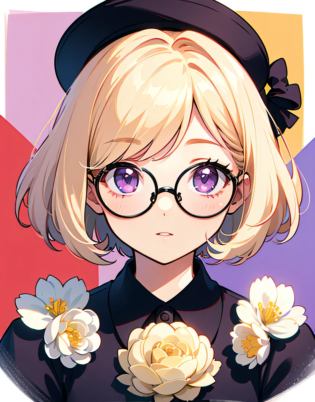 ((Highest quality)), ((masterpiece)), (detailed), Cream colored hair、Bob Hair、Slightly droopy eyes、Purple Eyes、Narrow-rimmed round glasses、girl、Facing forward、Friendly atmosphere、No belongings
