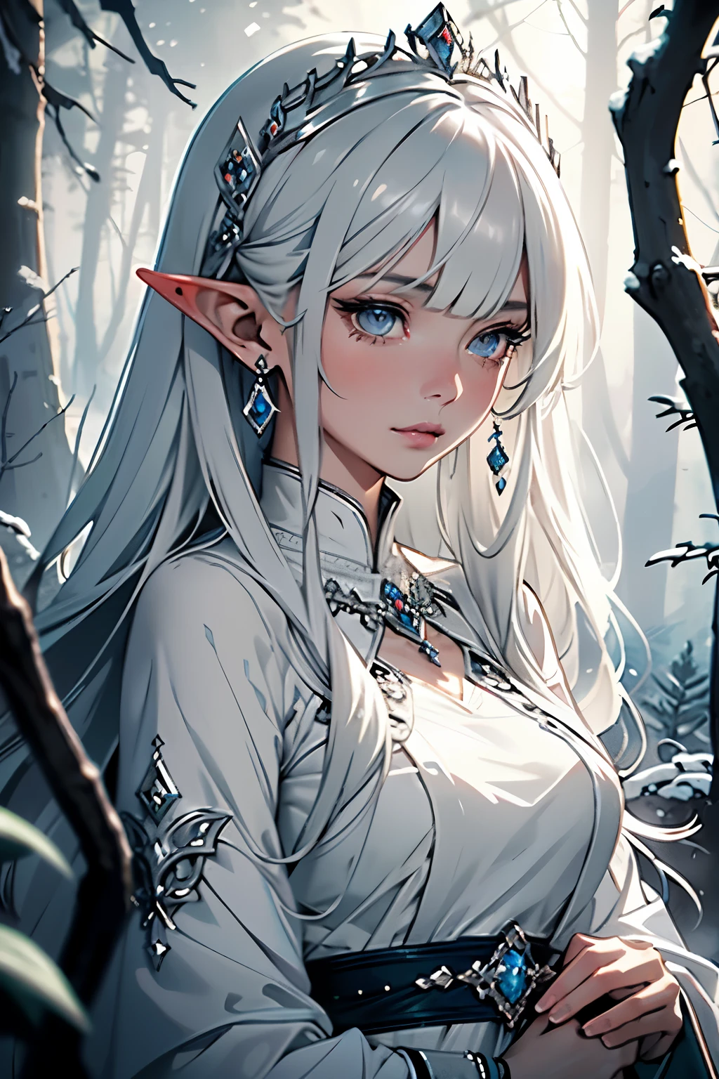 8K Masterpiece of Superlative Quality: In the serene and pristine snow-covered forest, an enchanting mature woman, with medium-length white hair adorned by long bangs and delicate silver earrings, emerges as an anime-inspired elf. Her lips are glossed with a subtle sheen, her eyes sparkling with a deep grey hue, reflecting the melancholic atmosphere. Her mature yet delicate face is etched with sadness, as tears trickle down her cheeks, adding a gloom to her ethereal beauty. She wears white elf clothes, intricately detailed with silver threads, creating a silhouette that exudes a sense of royal