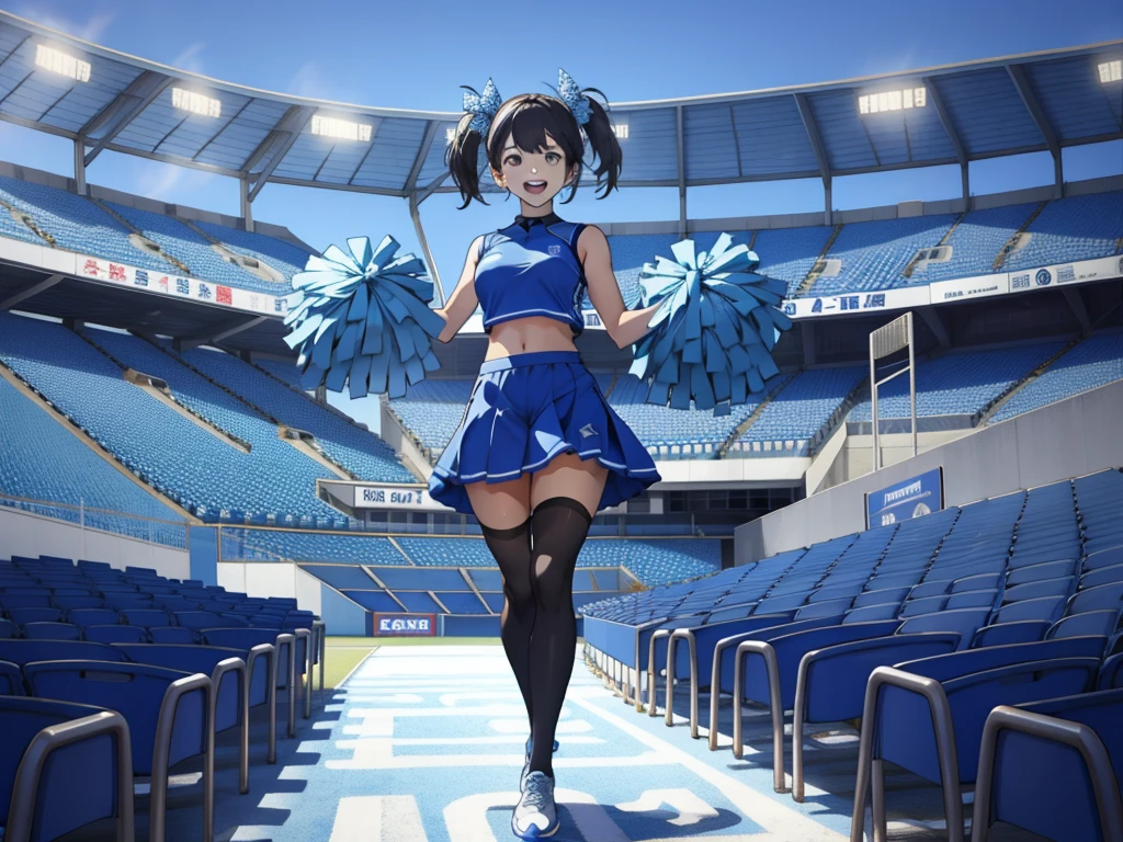 1 garota, (dentro de casa, stadium, campo de futebol), [ Football fans | arquibancada | confete ], (noite, tiro de vaqueiro, visualizador de frente),

((Yelanrnd)),

(vestindo uma &#39;cheerleader outfit&#39;, mini-saia), segurando pompons, 

(standing on one leg, leaning back, boca fechada, nervoso, olhando para o espectador, hands on hip),