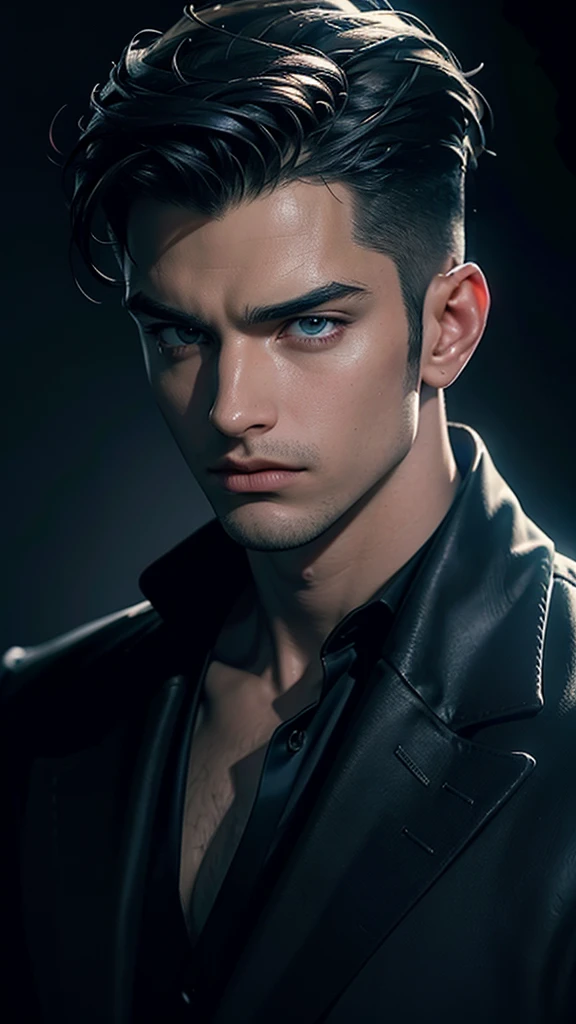a dark moody portrait of a handsome man, chiaroscuro lighting, dramatic shadows, piercing gaze, intense expression, strong jawline, sculpted facial features, deep set eyes, brooding atmosphere, oil painting, impasto texture, rich color palette, dark grays and blues, highlights and lowlights, dramatic lighting, high contrast, painterly style, cinematic composition, depth of field, photo-realistic, best quality, 4k, ultra-detailed, masterpiece