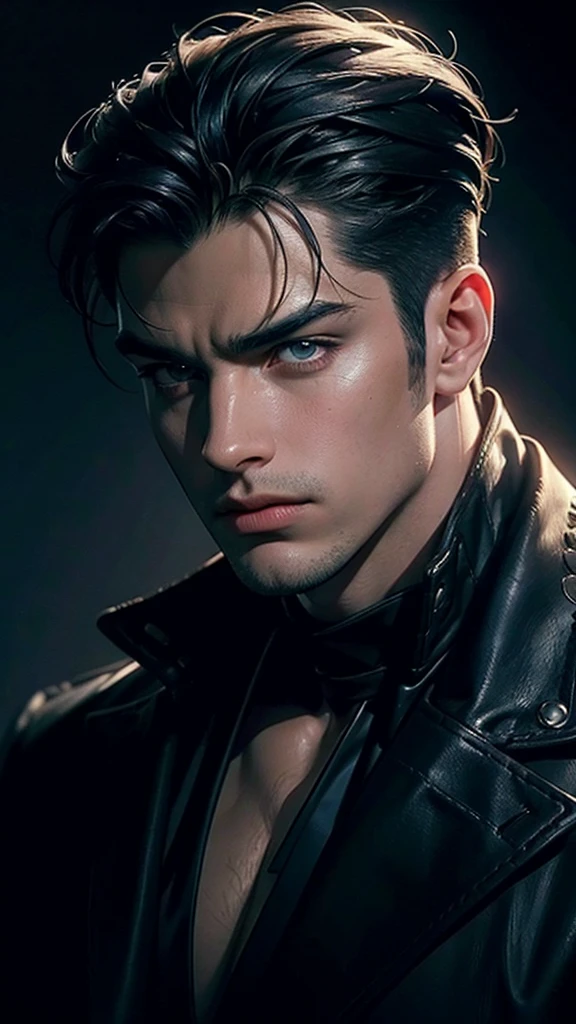 a dark moody portrait of a handsome man, chiaroscuro lighting, dramatic shadows, piercing gaze, intense expression, strong jawline, sculpted facial features, deep set eyes, brooding atmosphere, oil painting, impasto texture, rich color palette, dark grays and blues, highlights and lowlights, dramatic lighting, high contrast, painterly style, cinematic composition, depth of field, photo-realistic, best quality, 4k, ultra-detailed, masterpiece