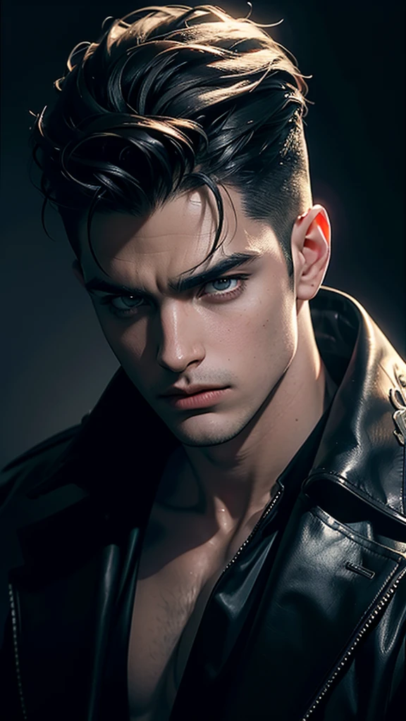 a dark moody portrait of a handsome man, chiaroscuro lighting, dramatic shadows, piercing gaze, intense expression, strong jawline, sculpted facial features, deep set eyes, brooding atmosphere, oil painting, impasto texture, rich color palette, dark grays and blues, highlights and lowlights, dramatic lighting, high contrast, painterly style, cinematic composition, depth of field, photo-realistic, best quality, 4k, ultra-detailed, masterpiece