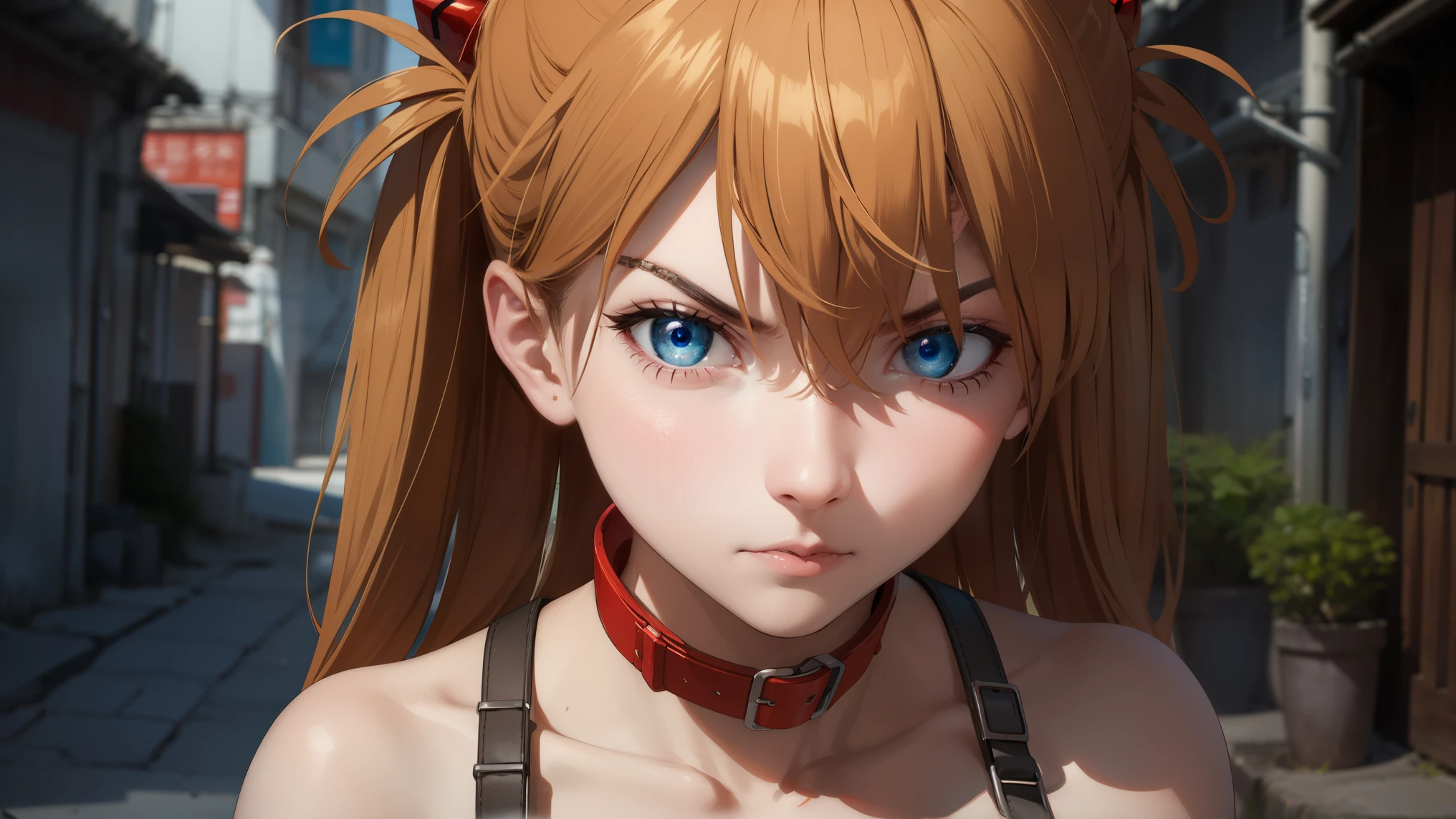 asukalangley, asuka langley soryu, (souryuu asuka langley:1.2), long hair, bangs, blue eyes, brown hair, hair ornament,
BREAK (Angry Face, BDSM,slave,Rubber,Black Corset,Bondage,Collar,NSFW:1.2),
BREAK Dystopian City Alley Contempt，scowling、modest chest,
BREAK (masterpiece:1.2), best quality, high resolution, unity 8k wallpaper, (illustration:0.8), (beautiful detailed eyes:1.6), extremely detailed face, perfect lighting, extremely detailed CG, (perfect hands, perfect anatomy),