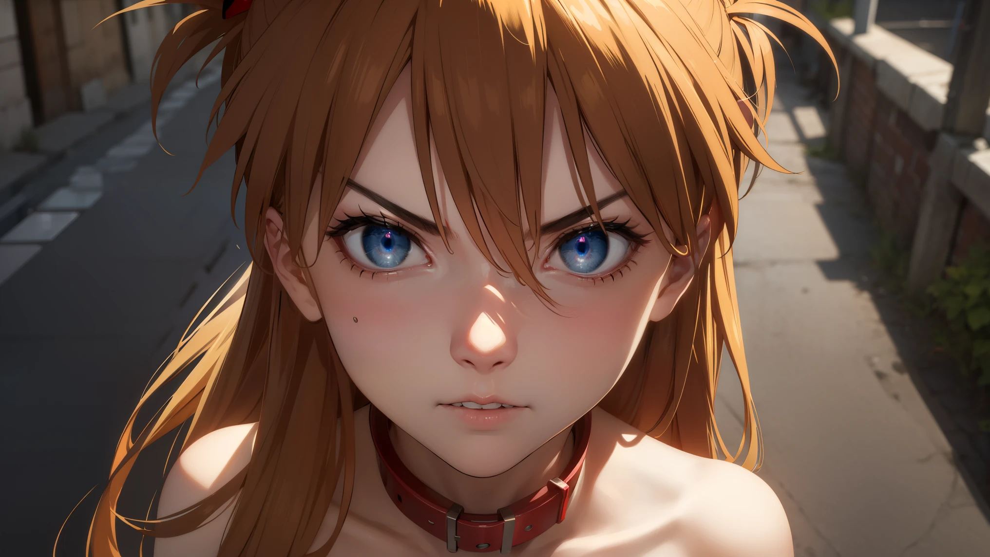 asukalangley, asuka langley soryu, (souryuu asuka langley:1.2), long hair, bangs, blue eyes, brown hair, hair ornament,
BREAK (Angry Face, BDSM,slave,Rubber,Black Corset,Bondage,Collar,NSFW:1.2),
BREAK Dystopian City Alley Contempt,scowling、modest chest,
BREAK (masterpiece:1.2), best quality, high resolution, unity 8k wallpaper, (illustration:0.8), (beautiful detailed eyes:1.6), extremely detailed face, perfect lighting, extremely detailed CG, (perfect hands, perfect anatomy),