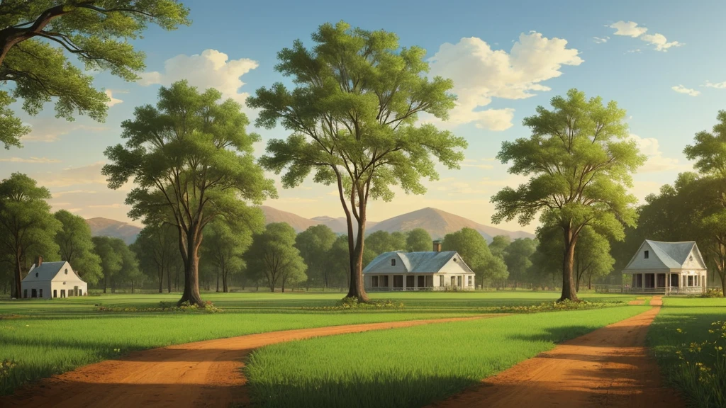 a landscape of a plantation with a farm in the background