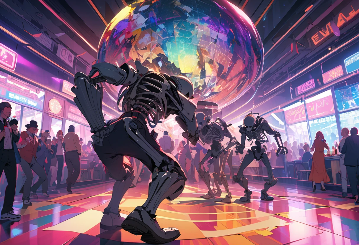 (masterpiece, best quality:1.1), (ultra highres, ultra-detailed:1.2) ,many Skeleton gentlemen,Skeletons having fun at a ,enjoy,dance hall,Mirror ball,colorful,