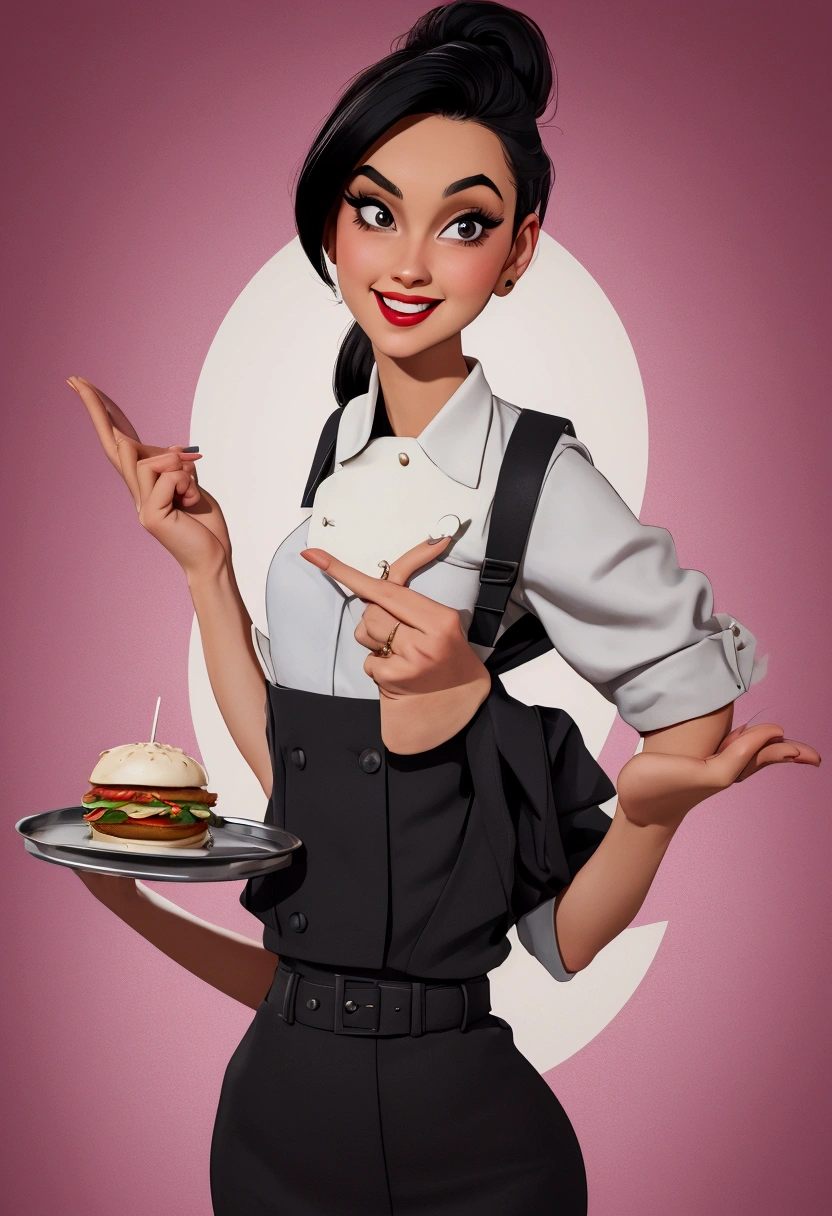 masterpiece, best image, Pop art culture style, pulp style , BREAK, 1 woman, a 20 year old woman, standing, wearing formal waitress clothes, in retro style, looking friendly at the viewer, His two hands holding a restaurant tray, (plain background), smiling, polite, inviting the viewer to buy, little bust, respectful looking straight ahead, angle 3/4