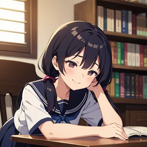 1girl, , (sitting),
(leaning forward, bend over:1.2), head tilt,
(fall prostrate:1.6),
(arms down:1.4), arms on the desk, hands on the desk, hands in front, arms in front,
dynamic,
(closed eyes), happy smile,
indoors, desk, chair, library, electric fan, (black hair, very long hair), (low twintails:1.2), low pigtails, red hair ribbon,
navy-blue collar, white serafuku with blue ribbon, navy-blue skirt,
(dark brown eye), upper body,
afternoon, summer,
from front, (from above:0.5),
high brightness, detailed face, detailed eyes,
(high quality, ultra detailed, masterpiece, super detail, highres, anatomically correct, UHD),
Japanese anime style, extremely cute, good hands, good fingers